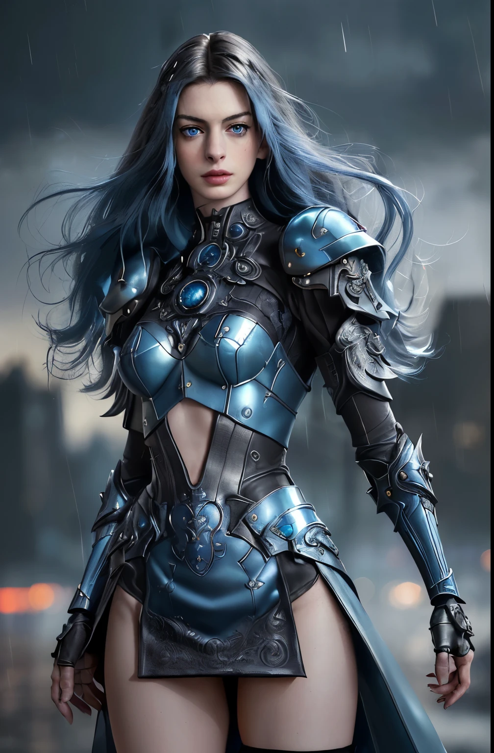 ((Anne Hathaway with hair blowing in the wind and futuristic ornate armor)), (((((both very bright perfect blue eyes))))), masterpiece, Best quality, A high resolution, 8K, (Portrait photograph:1.5), (ROriginal photo), real photograph, digital photography, (Combination of cyberpunk and fantasy style), (Female soldier), 35 year old girl, (black long hair blowing in the wind), accessories, Redlip, (He frowned, Sneer), (Cyberpunk combined with fantasy style clothing, Openwork design, joint ornate armor, miniskirt exposing your panties, Photo pose, Realistic style, Thunder and lightning on rainy day,(Thunder magic), oc render reflection texture,