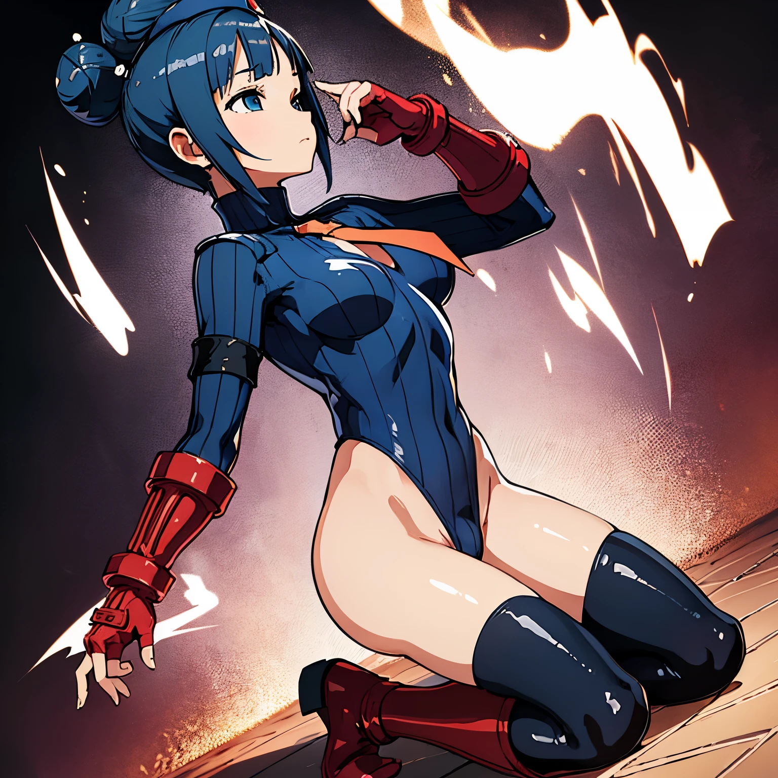 ultra-detailed, Explicit, Beautiful body, Beautiful Nose, Beautiful character design, perfect eyes, perfect face, ultra highres, 4K, beautiful legs, perfect legs, Nice hands, Perfect hand, Masterpiece, Best Quality, Highly detailed, illustration, absurdres, perfect anatomy, street fighter, doll suit, shadaloo doll, dollsuit, expressionless, blank eyes, looking at viewer, red gloves, emotionless, black latex, corruption, mind control, female combatant, full body, hypnotized, unhappy trance, full body suit, ribbed bodysuit, both arms at side, obey, perfect female body, extremely glossy latex, hypnosis, hypnoLora, empty eyes, Mind control device, poses, submissive_pose, Slave, kneeling straight, kneeling, kneeling at attention, hat, necktie, belt, latex, ribbed bodysuit, thigh Highs, garter belt, Fighting Stance, extending the right arm from the shoulder into the air with a straightened hand, military, thigh boots, black pantyhose, (((pixel-perfect, detail-perfect))), solo, 1girl, hair ornaments, short hair, blue hair, blue eyes, flat breast, Kunoichi Mokuren, hair bun, hair stick