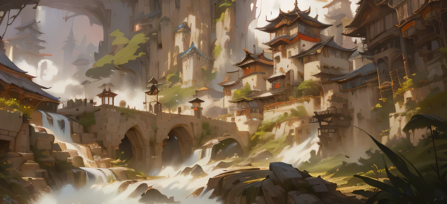 Waterfall painting with castle as background, feng zhu concept art, Cyberpunk Chinese Ancient Castle, beautiful concept art, stunning concept art, concept art | feng zhu, james pike style, painterly concept art, concept art world, concept art painting, fantasyconcept art, andreas rocha style, high fantasy concept art