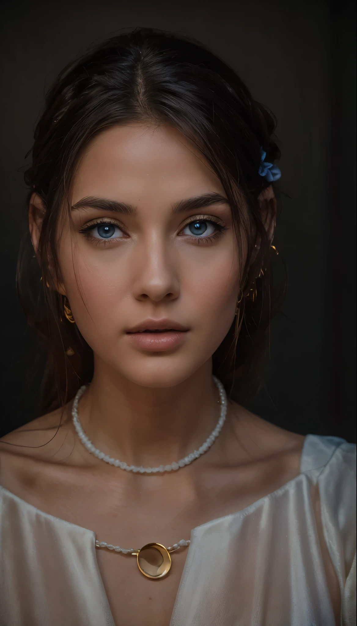 best quality, Super detailed, golden ratio, theater lighting: 0.7, photo of a woman, woman, Wearing a very elegant and beautiful dress, perfect face, Highly detailed white skin,Cinematic picture, Volumetric dust cloud, key light, backlight, soft natural light, Very detailed, analog photography,dark blue eyes,snow white skin,like an angel