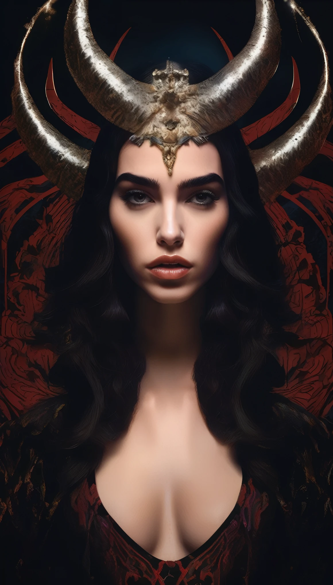 Succubus with the face of Emily Rudd: Dua Lipa, sensual pose, (symmetrical) concept art, dark fantasy background, abstract beauty, hyperdetailed, in the style of Brom