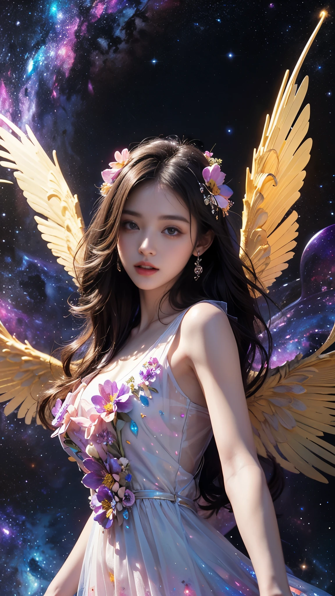 4k ultra hd, masterpiece, a girl, good face, detailed eyes, detailed lips, flower fairy girl, big wings, transparent wings, neon lights, (galaxy background:1.5), (flower dress:1.5), (black dress), in the heaven, selfie pose,