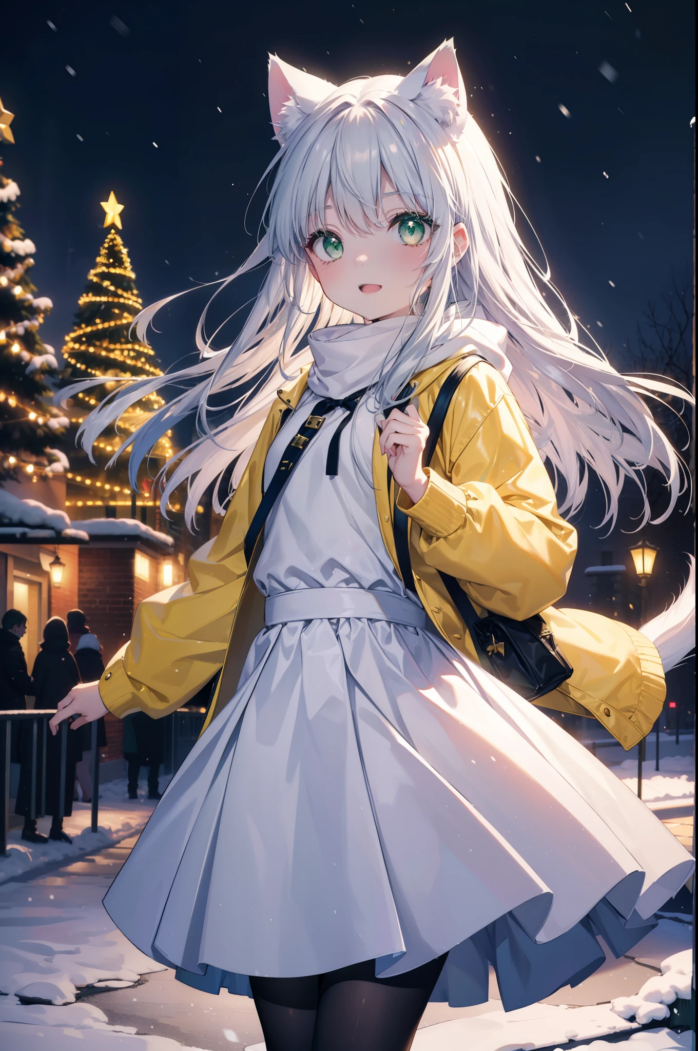 index, index, (green eyes:1.5), silver hair, long hair, (flat chest:1.2),animal ears　Cat ear,Animal tail　cat tail,blush,smile,open your mouth,illumination,A large Christmas tree is placed in the middle of the road.,gray handbag,yellow long coat, white hoodie, black long skirt,black pantyhose,Mini Boots,white christmas,winter,night,cold sky,It&#39;s snowing,snow is falling,
break looking at viewer, Upper body, whole body,
break outdoors, In town,building street,
break (masterpiece:1.2), highest quality, High resolution, unity 8k wallpaper, (figure:0.8), (beautiful deしっぽed eyes:1.6), extremely deしっぽed face, perfect lighting, extremely deしっぽed CG, (perfect hands, perfect anatomy),