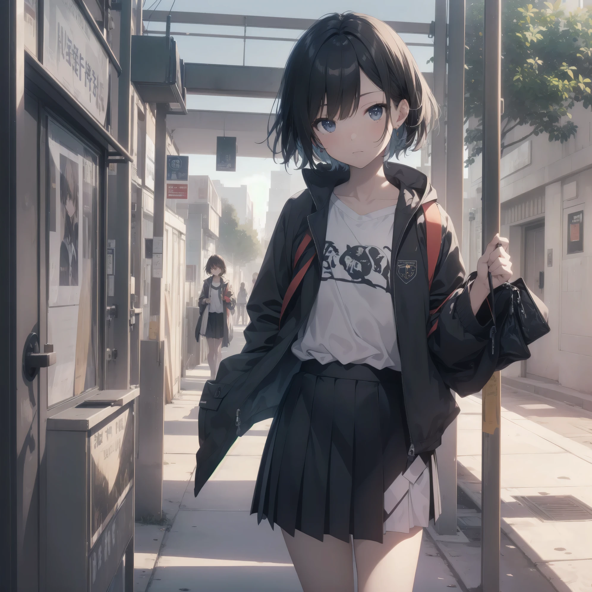 ultra-absurdres-Top quality by art God, ultra-detailed, high resolution, anime moe artstyle, best anime 8k konachan wallpaper, pixiv contest winner, perfect anatomy,break, 1girl, (Please draw a girl walking sleepily to school alone. )break,(Solo,little female, 13-year-old:1.3),Full limbs, complete fingers,a junior high school student, Attractiveness of immature bodies, (very short hair), short cut, flat chest, , small butt, groin, small black eyes, beautiful detailed eyes, well-proportioned iris and pupils, expressive eyes, highres detailed hair, soft expression, school_uniform, pleated skirt,(Detailed Lighting), (Detailed background), in the School commute route. break,super detailed skin, Best cinematic lighting powered by famous artist, 8k,beauty illustration,photoshop_(medium),very aesthetic,break,((artist:core)), artist:fukahire_(ruinon),artist:sekiya asami,artist:kantoku,