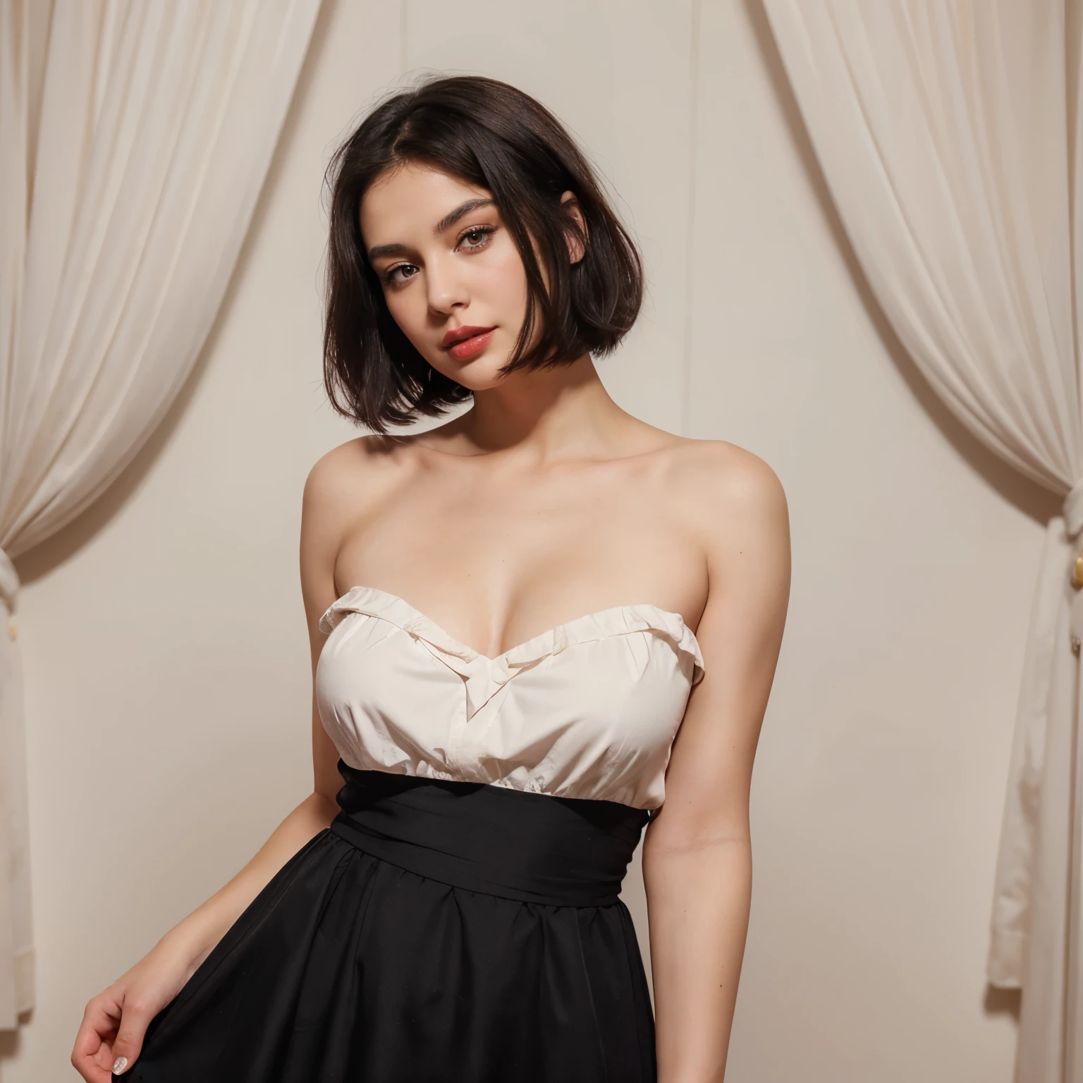 a white woman with short black hair, brown eyes, a beautiful face with slightly pink cheeks and a sweet look, with red lips, wearing a black gallant dress (from the waist up)
