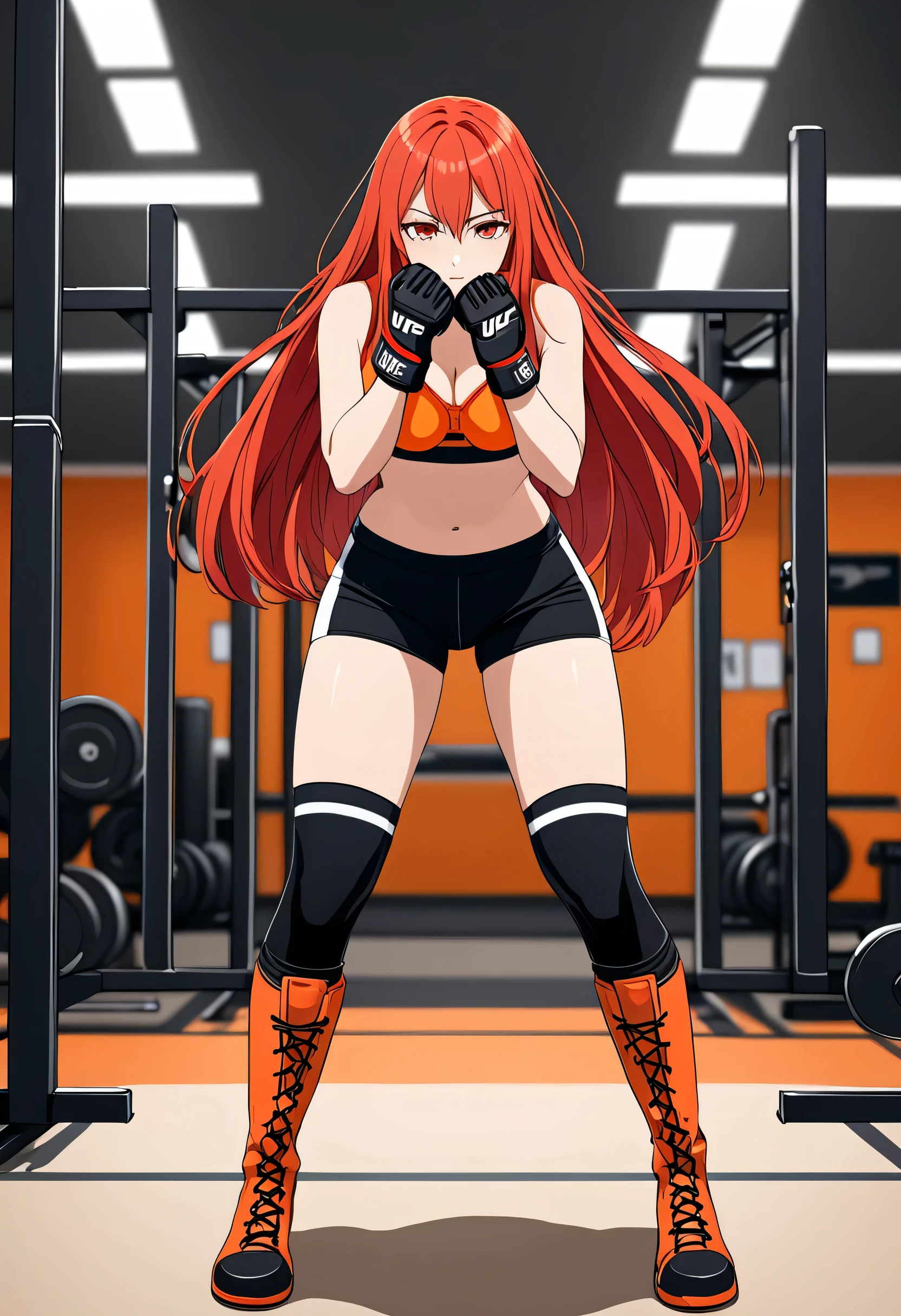 high quality, detailed image, Anime style, woman, arrogant smile, Long red hair, in an orange bra, in black tight shorts, wearing UFC gloves, in knee-high boots, stands absolutely alone in the gym, holding her hands at face level in defense