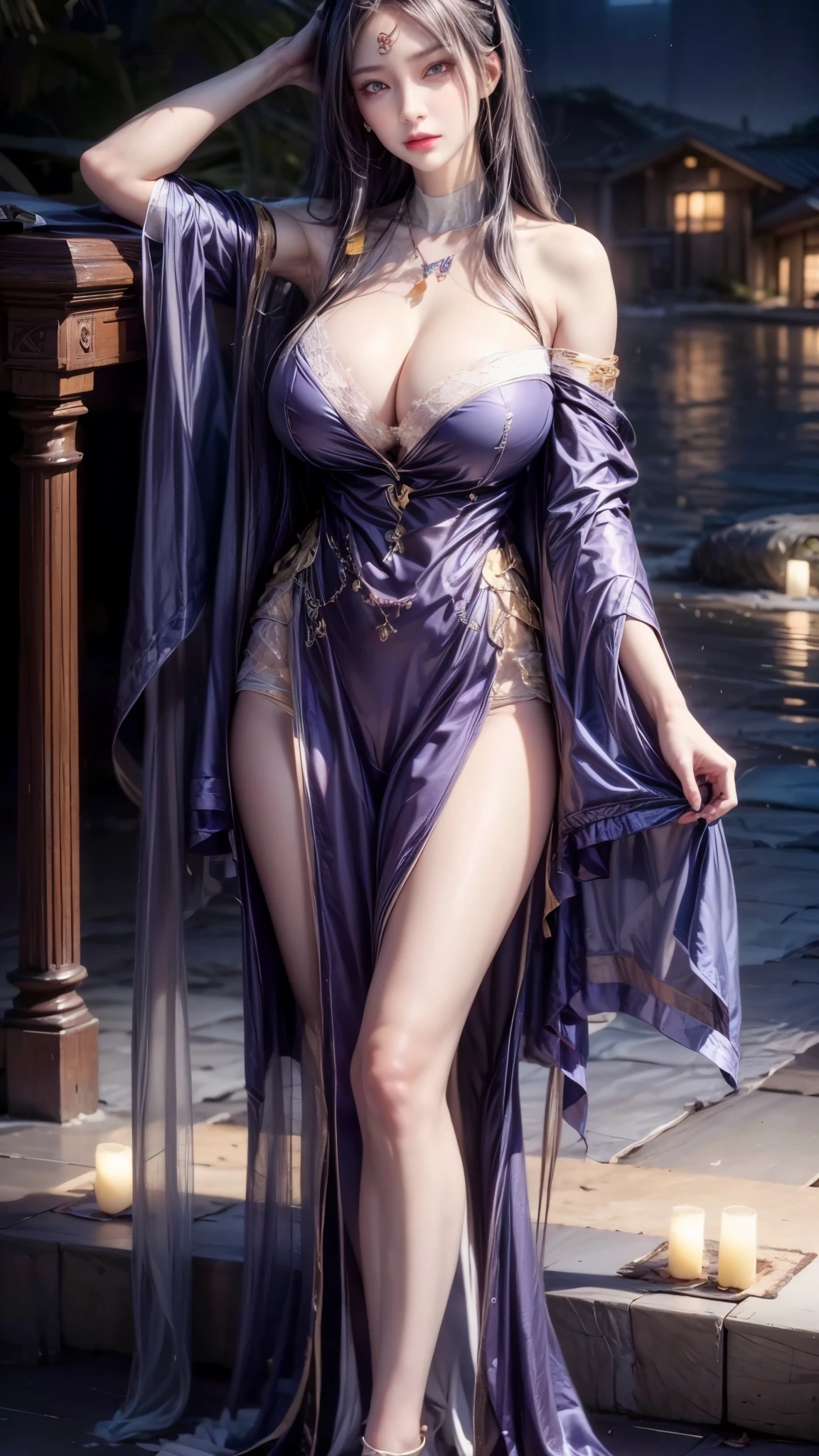 realistic, 1 women, best quality, 12k, HD, long hair, big round breasts, cleavage, ponytail, necklace, jewelry, shorts, short jacket, slim hips, hair tie, yellow eyes, black hair, super detailed, Eye details, hair details, person details, mouth details, face details, breast details, clothes details, hair details, pants details, hand details, whole body