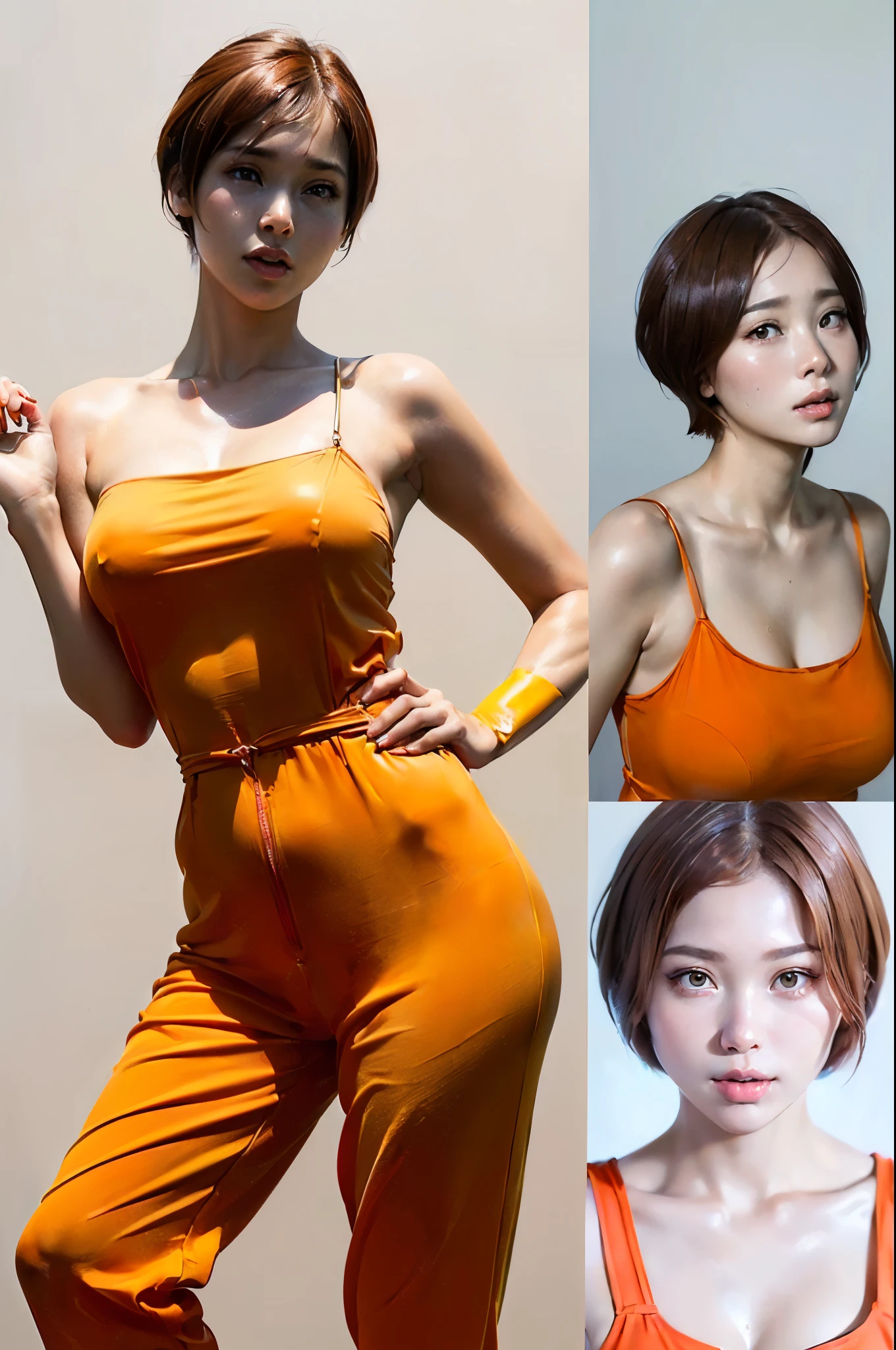 ((quality))sweating、Full body photo showing lower back、Thick and fresh lips (radiant skin 1.7)Super close-up looking up from below(((look sexy)))((masterpiece)、enlarged(1 Glowing skin.1.4).(background stadium、)、( girl)'on the face、((Shiny orange jumpsuit covers the entire hip.((Brown shorthair、))a sexy pose、(various postures)