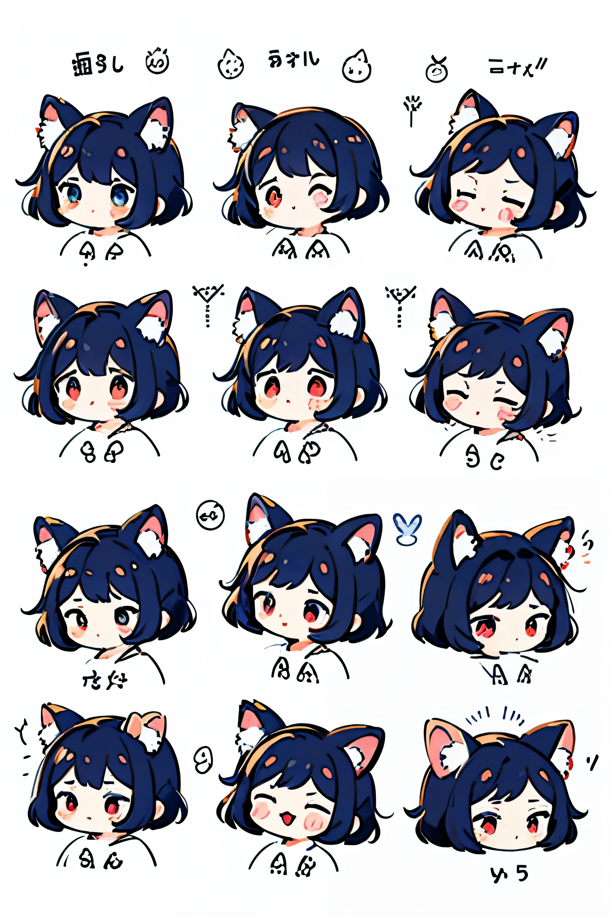 A cute cat emoji pack with various expressions,white background, illustrations - cute in nit 5 style.Emoji is a collection of illustrations with a boost comic line style, dynamic poses in dark white, f/32 related characters, Old Meme Kernel and differentemoticons.