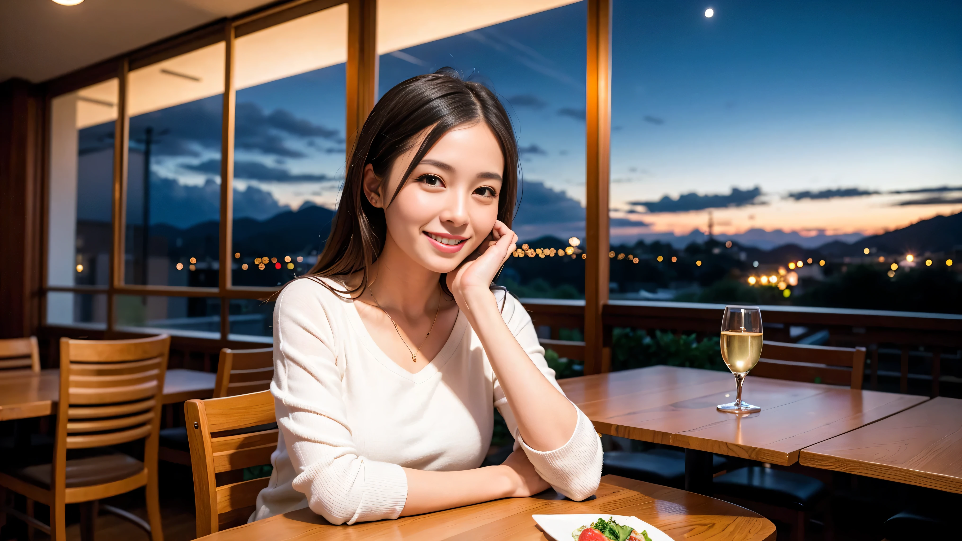 K, UHD, highest quality, masterpiece: 1.2), (realistic, photorealistic: 1.37), Spectacular view of the sunset sky and clouds、Amazing mountain views、A bright smile、happy toast、3 slim beauties, (slim face),Happy、 the best smile、Fox face、Berry Short、(because I'thin), (brown hair), (shortcut), long sleeve shirt、winter fashion、Japanese、Dutch、German、Portuguese、Belgian、Italian、French,Champagne、sparkling wine、 (gush out), (slim body), (brown hair), (shortcut), neat beauty、cheeks turn a little red, (41 years old), 38 years old, alone, A beautiful and detailed night view spreads out outside the window...., restaurant, wine glass is sitting, At night, in a prominent place (from the Upper body) nova frog style, actress, model, Upper body, White wine, slim, wine glass, Very beautiful night view, wine glass Put in the Middle, Happy smile, (smile: 1.15),