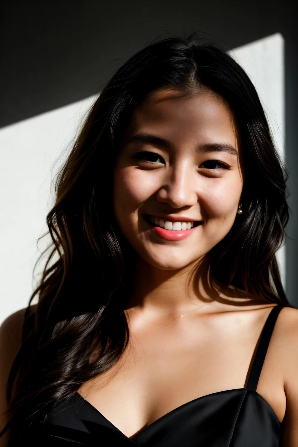 RAW photo, face portrait photo of beautiful 26 y.o woman, cute face, wearing black dress, happy face, hard shadows, cinematic shot, dramatic lighting