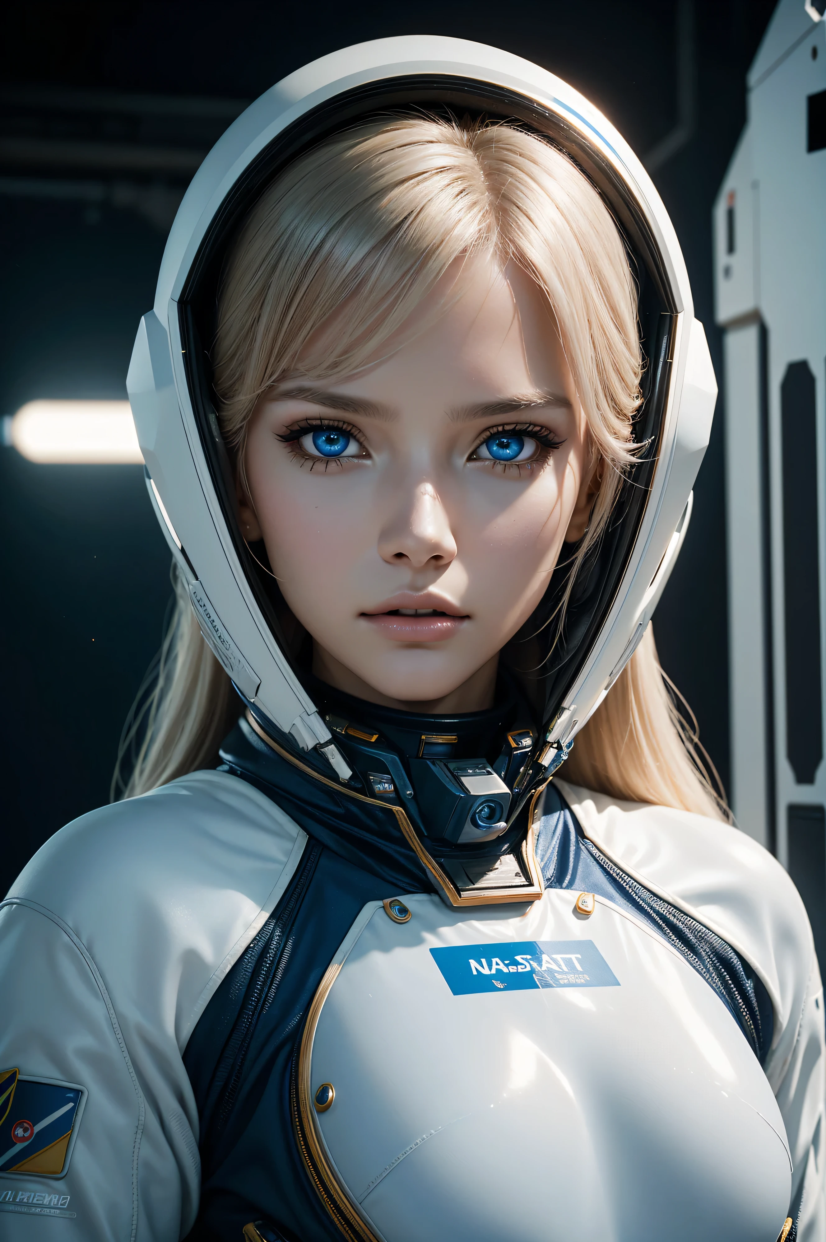 Nata Lee, wearing cosmonaut costume transparent. professionally retouched, soft lighting, realistic, smooth face, perfect eyes, sharp focus on eyes, 8 k, high definition, insanely detailed, intricate, elegant. with the Kennedy Space Center in the background.