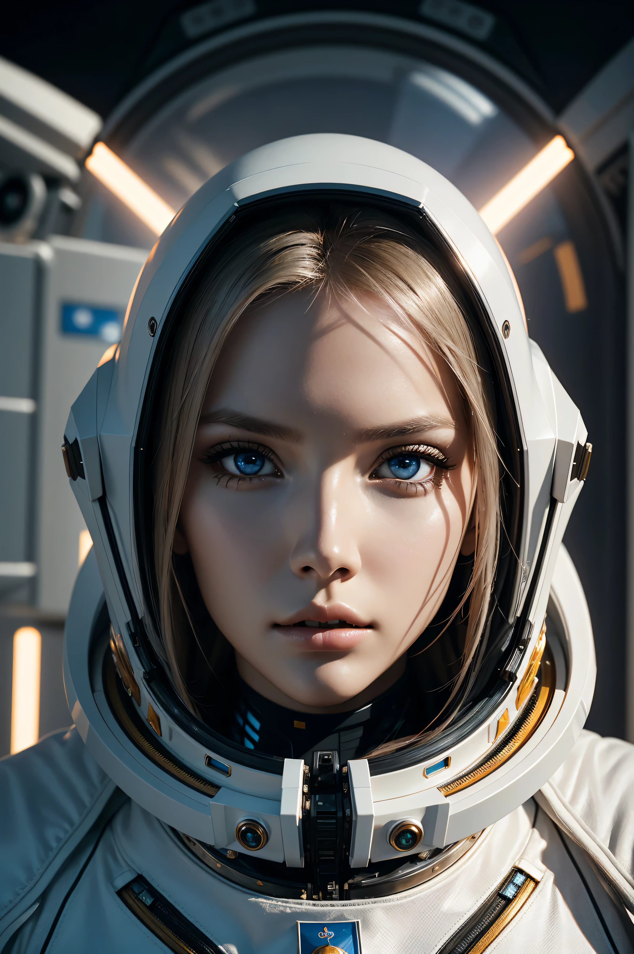 Nata Lee, wearing cosmonaut costume transparent. professionally retouched, soft lighting, realistic, smooth face, perfect eyes, sharp focus on eyes, 8 k, high definition, insanely detailed, intricate, elegant. with the Kennedy Space Center in the background.