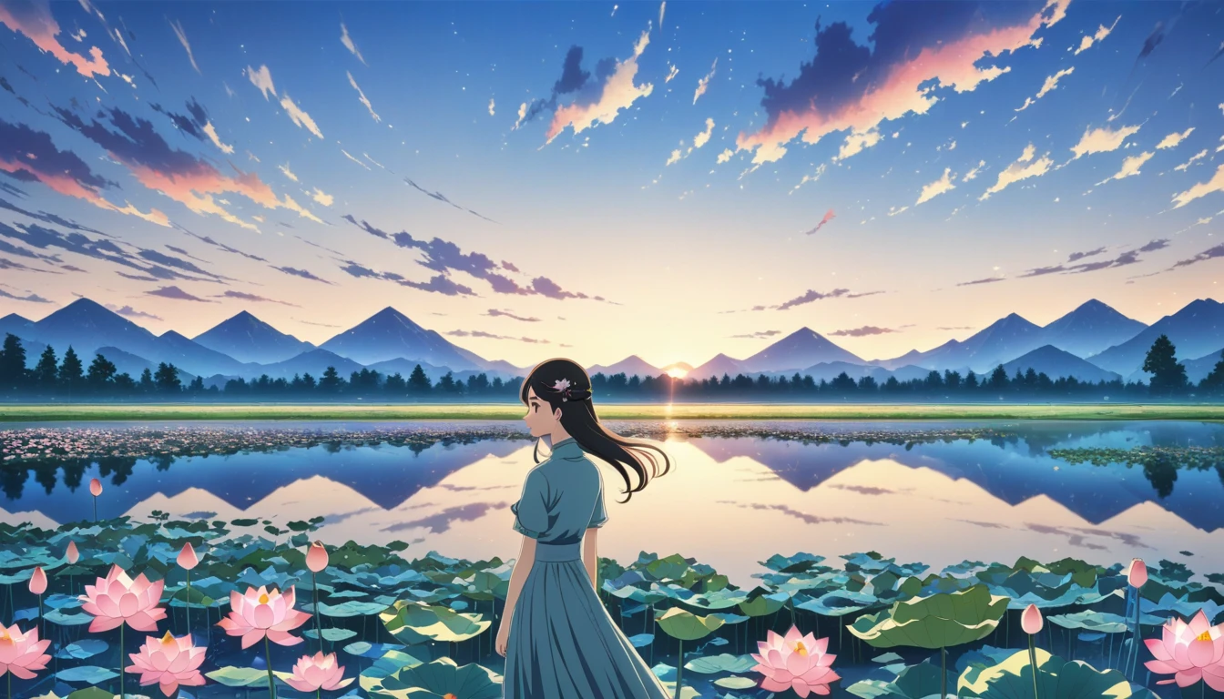 dusk landscape, sunset,pond,anime style, With mountains and clouds as background,lotus,girl