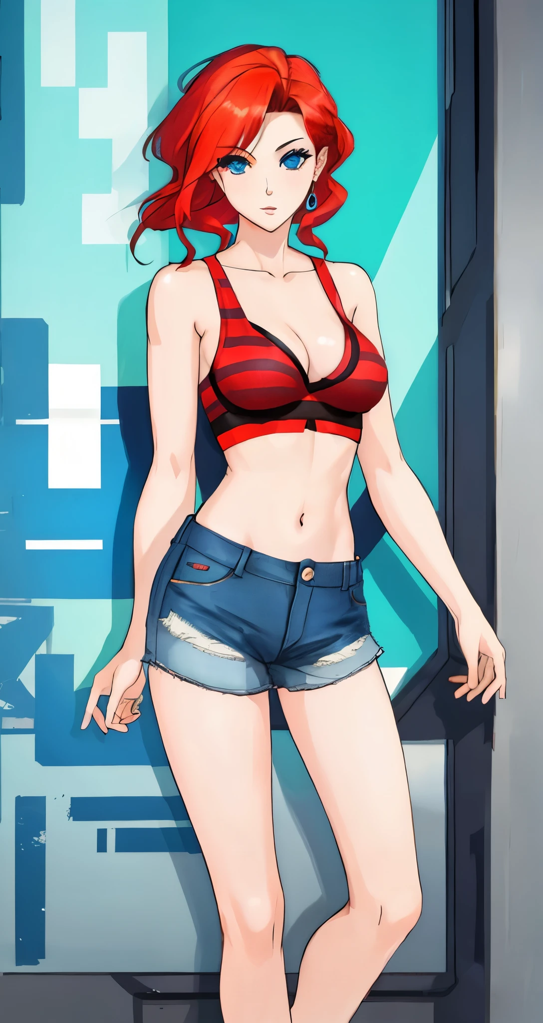 busty redhead wearing revealing tanktop and cargo shorts