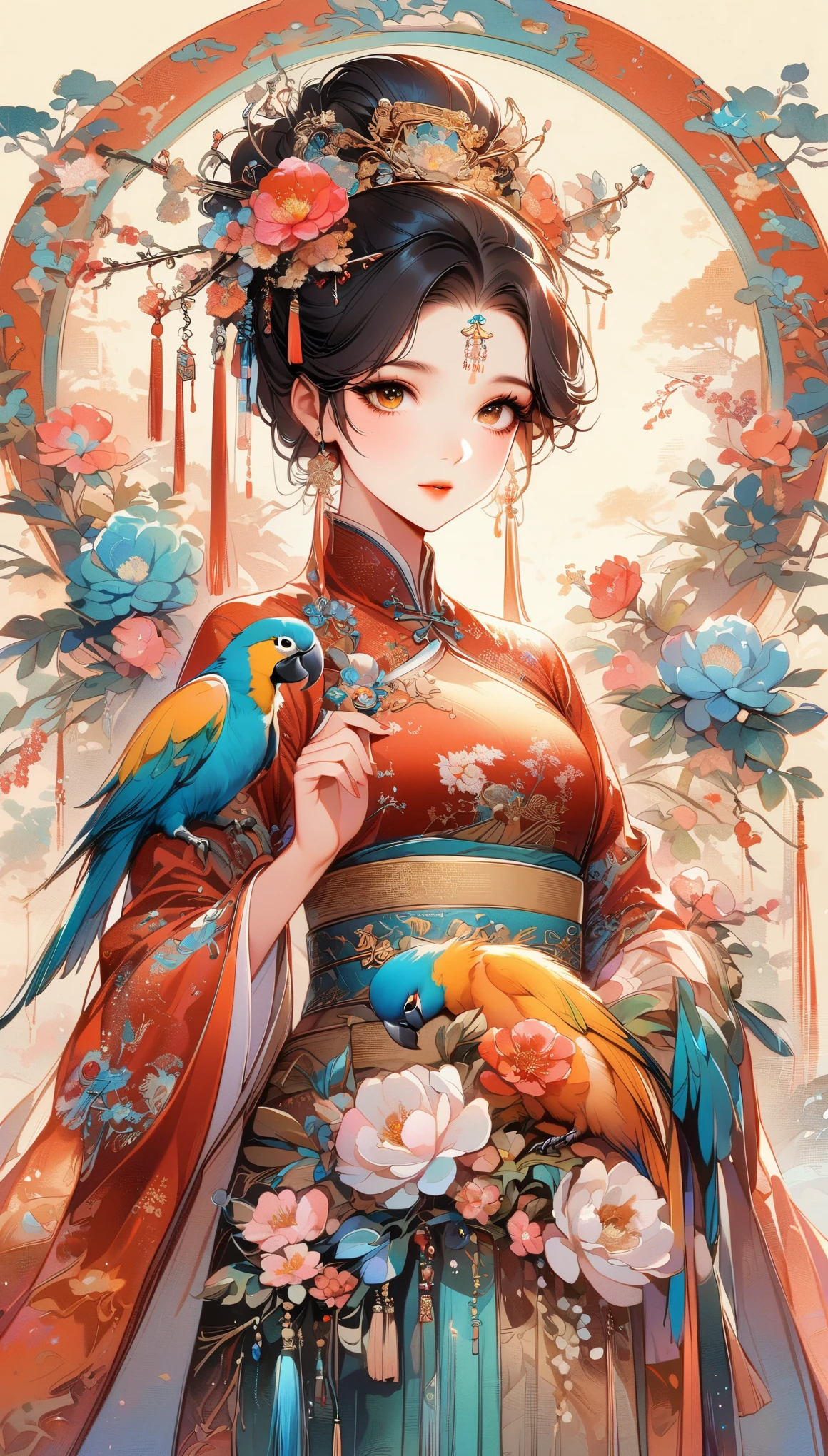 A beautiful young woman in traditional Chinese attire, surrounded by a lush garden. She is holding a parrot on her finger, gazing at it with gentle eyes. The woman's hair is styled in an elaborate updo adorned with flowers and traditional ornaments. Her dress is elegant, featuring fine silk with floral embroidery. The garden is in full bloom, with peonies and other flowers providing a backdrop. The scene captures the serenity and beauty of classical Chinese art, with a touch of nature harmony, (((Ultra-high saturation, high natural saturation, extremely bright colors)))