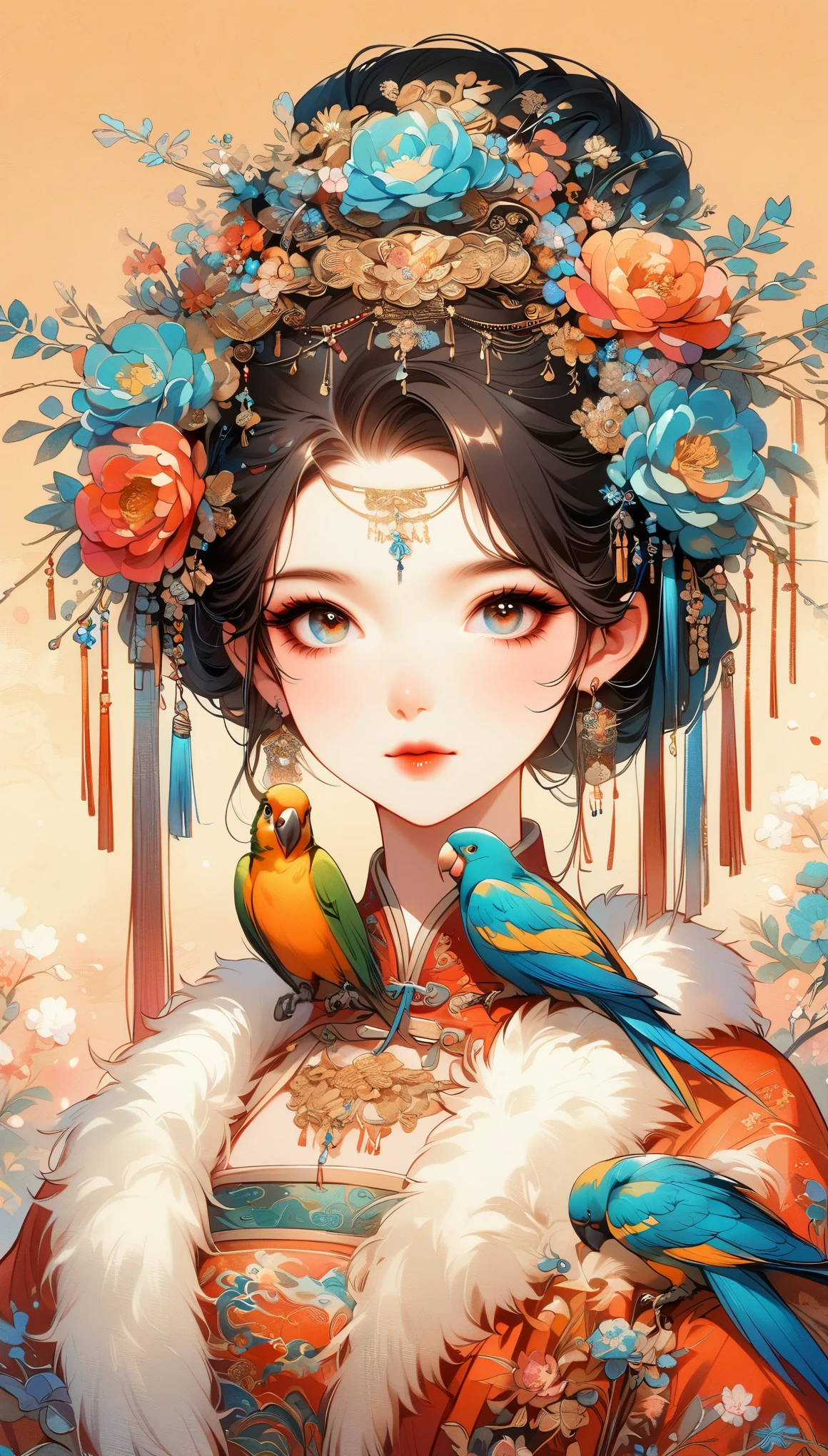 A beautiful young woman in traditional Chinese attire, surrounded by a lush garden. She is holding a parrot on her finger, gazing at it with gentle eyes. The woman's hair is styled in an elaborate updo adorned with flowers and traditional ornaments. Her dress is elegant, featuring fine silk with floral embroidery. The garden is in full bloom, with peonies and other flowers providing a backdrop. The scene captures the serenity and beauty of classical Chinese art, with a touch of nature harmony, (((Ultra-high saturation, high natural saturation, extremely bright colors)))