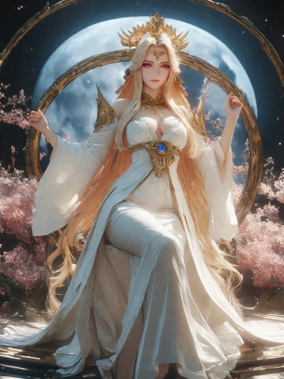 diy4,Highest quality, ultra-high definition, masterpieces, 8k, realistic, anime styled, 3d render,arafed woman in a white dress sitting on a bed with a full moon in the background, a beautiful fantasy empress, ((a beautiful fantasy empress)), beautiful goddess, ethereal beauty, palace , a girl in hanfu, a stunning young ethereal figure, celestial goddess, anime goddess, lunar goddess, white hanfu, beautiful celestial mage, young goddess, moon goddess