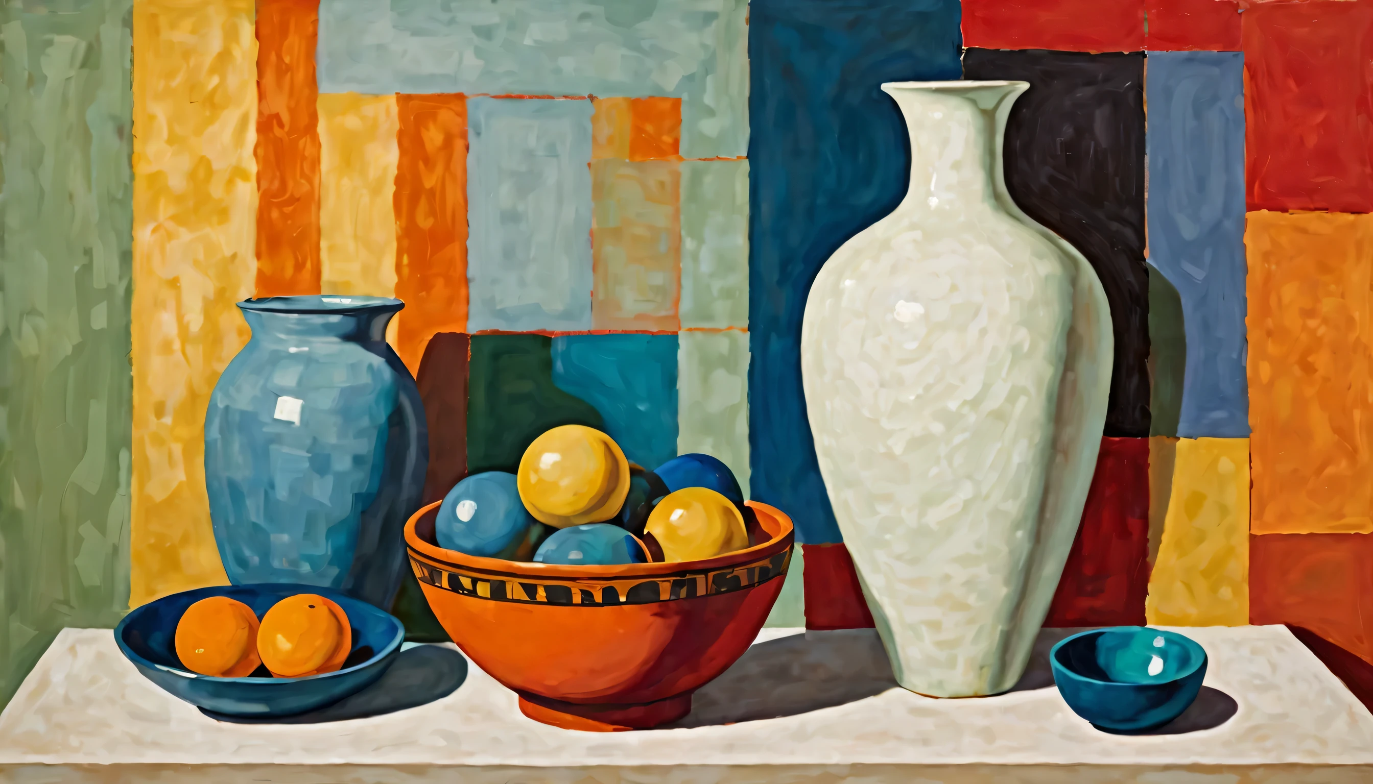 painting of a painting of a vase, a bowl, and other objects, abstracted painterly techniques