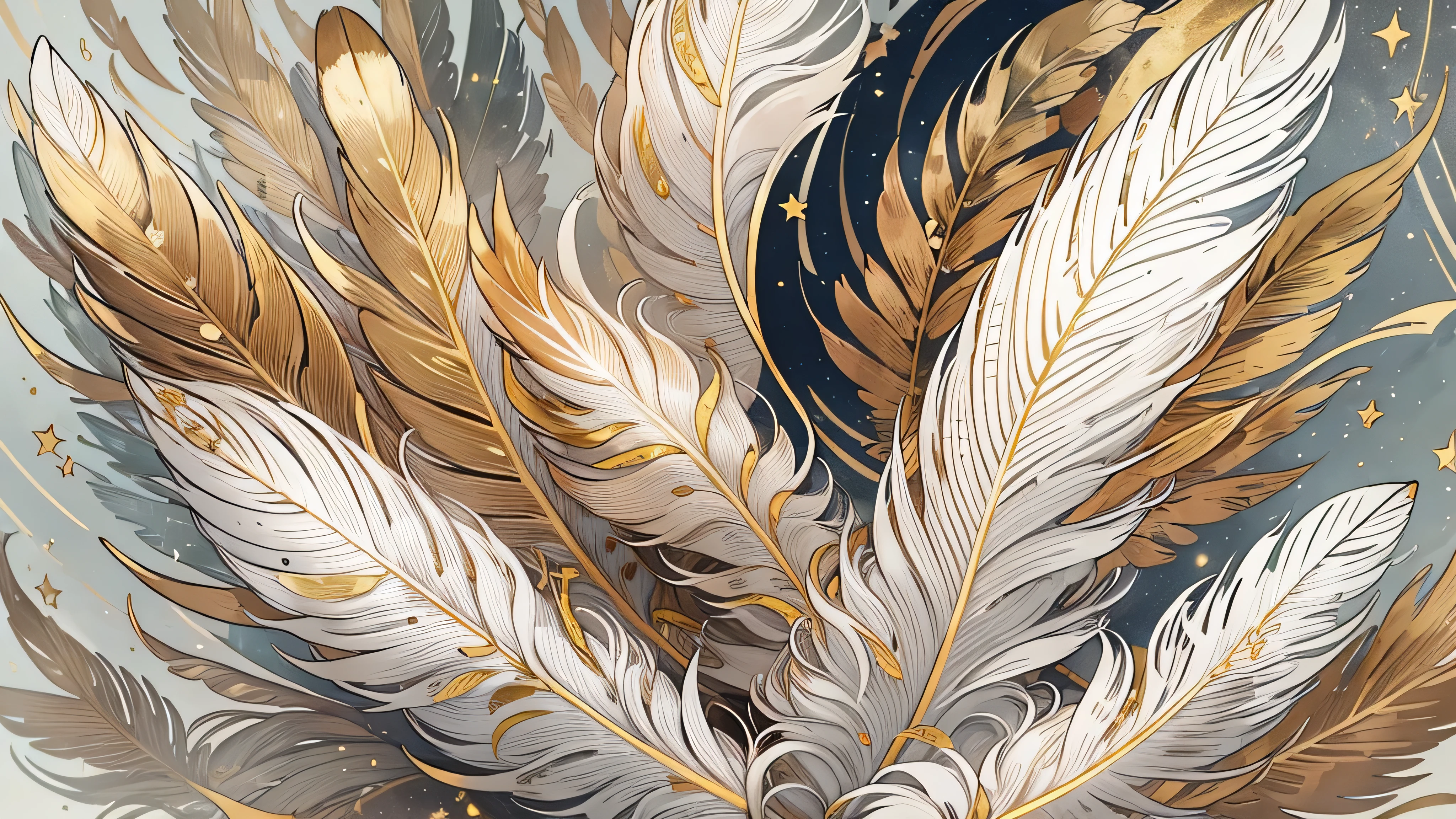 Feathers are the main subject of the painting;Feathers all over the screen;gold and white feathers,Illustrations about feathers;Shine brightly,Sun, moon and stars;clear lines,Stroke,anime style。HD quality,8K,masterpiece。