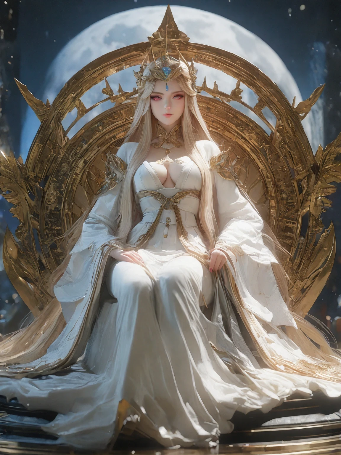 diy4，Highest quality, ultra-high definition, masterpieces, 8k, realistic, anime styled, 3d render，arafed woman in a white dress sitting on a bed with a full moon in the background, a beautiful fantasy empress, ((a beautiful fantasy empress)), beautiful goddess, ethereal beauty, palace ， a girl in hanfu, a stunning young ethereal figure, celestial goddess, anime goddess, lunar goddess, white hanfu, beautiful celestial mage, young goddess, moon goddess