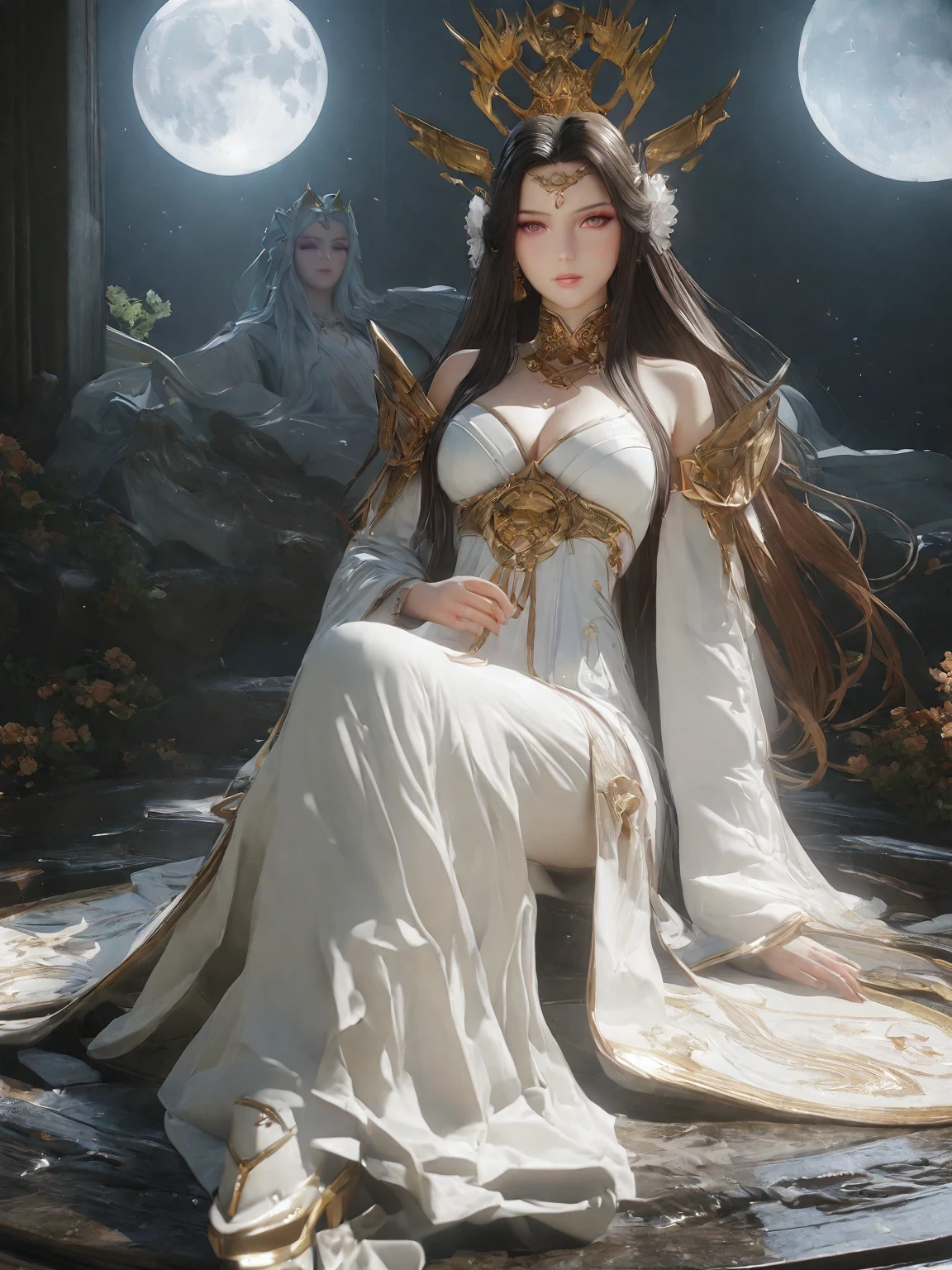 diy4,Highest quality, ultra-high definition, masterpieces, 8k, realistic, anime styled, 3d render,arafed woman in a white dress sitting on a bed with a full moon in the background, a beautiful fantasy empress, ((a beautiful fantasy empress)), beautiful goddess, ethereal beauty, palace , a girl in hanfu, a stunning young ethereal figure, celestial goddess, anime goddess, lunar goddess, white hanfu, beautiful celestial mage, young goddess, moon goddess