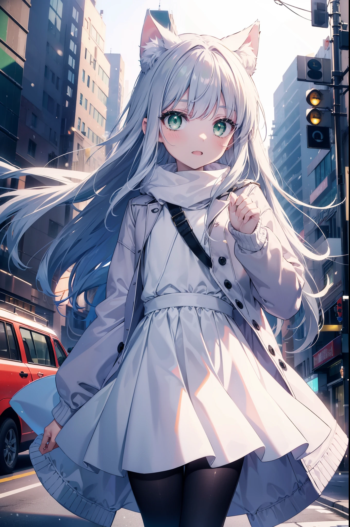 index, index, (green eyes:1.5), silver hair, long hair, (flat chest:1.2),animal ears　Cat ear,Animal tail　cat tail,blush,smile,open your mouth,illumination,A large Christmas tree is placed in the middle of the road.,gray handbag,yellow long coat, white hoodie, black long skirt,black pantyhose,Mini Boots,white christmas,winter,night,cold sky,It&#39;s snowing,snow is falling,
break looking at viewer, Upper body, whole body,
break outdoors, In town,building street,
break (masterpiece:1.2), highest quality, High resolution, unity 8k wallpaper, (figure:0.8), (beautiful deしっぽed eyes:1.6), extremely deしっぽed face, perfect lighting, extremely deしっぽed CG, (perfect hands, perfect anatomy),