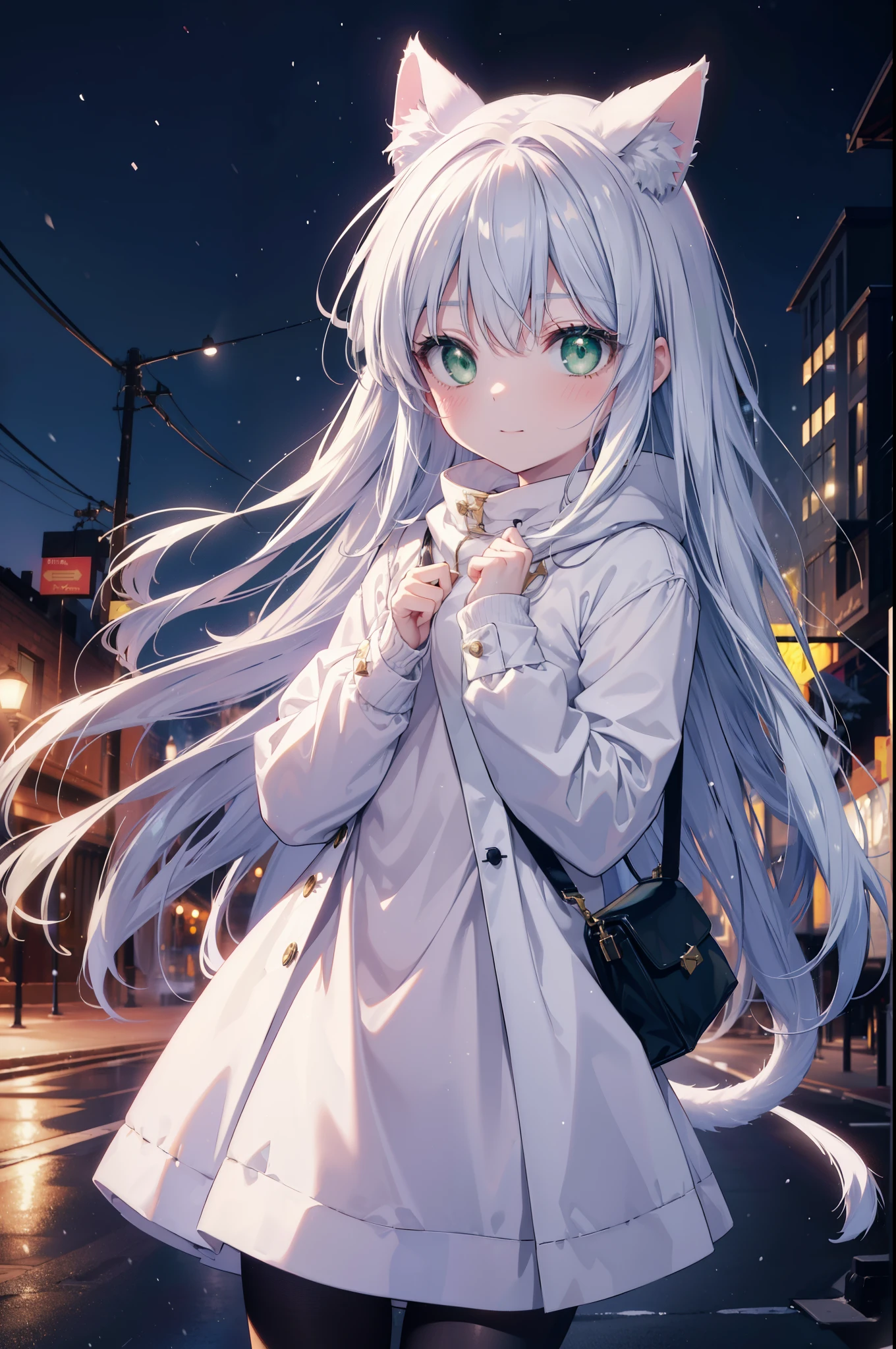 index, index, (green eyes:1.5), silver hair, long hair, (flat chest:1.2),animal ears　Cat ear,Animal tail　cat tail,blush,smile,open your mouth,illumination,A large Christmas tree is placed in the middle of the road.,gray handbag,yellow long coat, white hoodie, black long skirt,black pantyhose,Mini Boots,white christmas,winter,night,cold sky,It&#39;s snowing,snow is falling,
break looking at viewer, Upper body, whole body,
break outdoors, In town,building street,
break (masterpiece:1.2), highest quality, High resolution, unity 8k wallpaper, (figure:0.8), (beautiful deしっぽed eyes:1.6), extremely deしっぽed face, perfect lighting, extremely deしっぽed CG, (perfect hands, perfect anatomy),