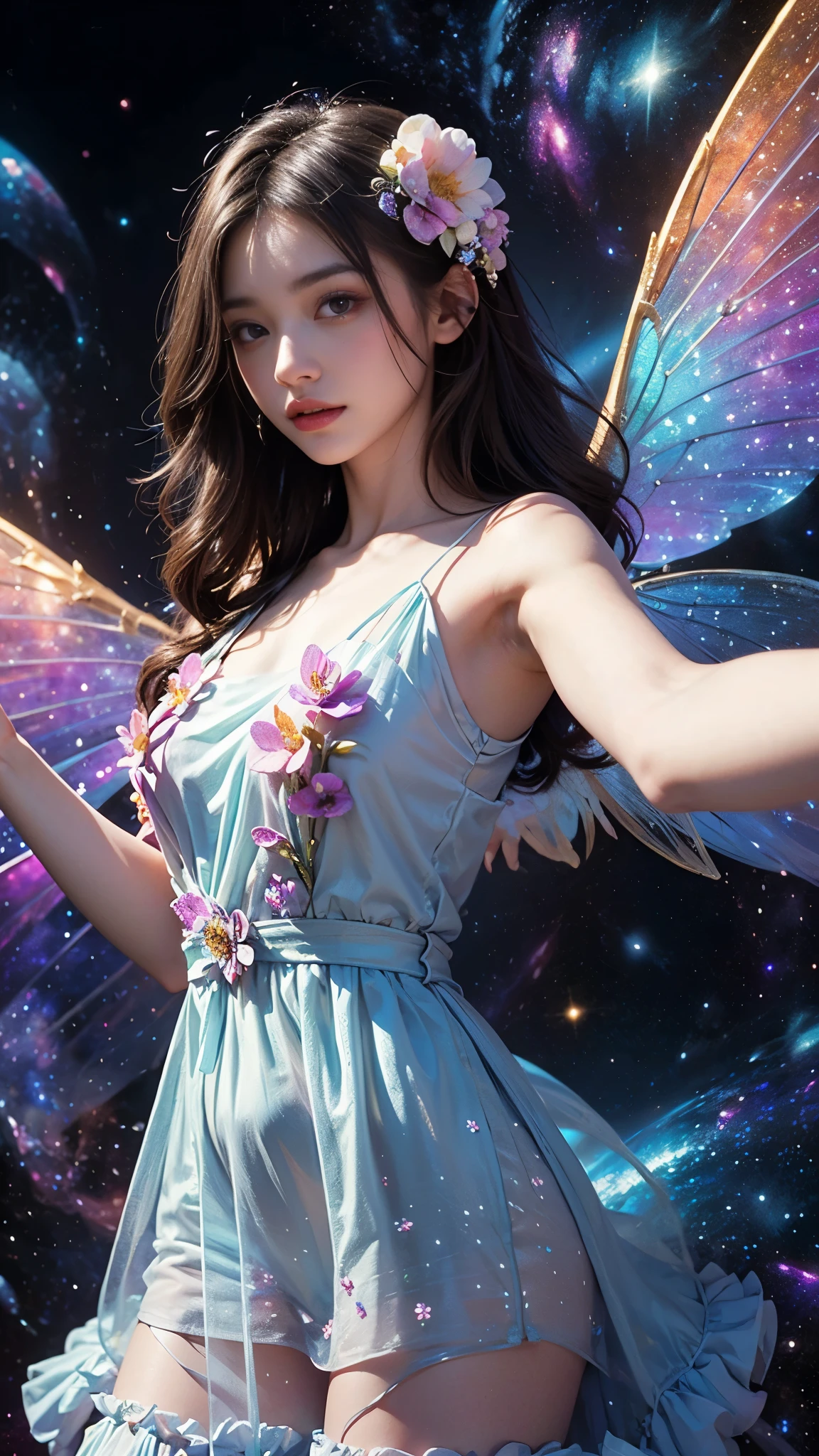 4k ultra hd, masterpiece, a girl, good face, detailed eyes, detailed lips, flower fairy girl, big wings, transparent wings, neon lights, (galaxy background:1.5), (flower dress:1.5), (blue dress), in the heaven, selfie pose,