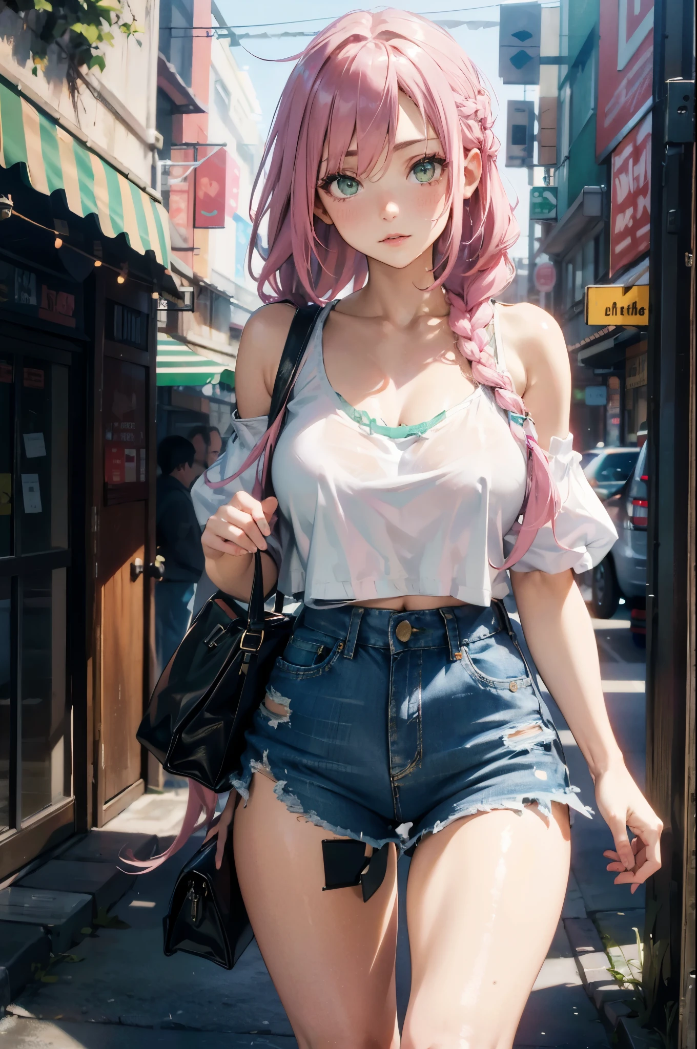 （（best quality，8K，masterpiece：1.4））， pink hair，Long braid on one side， Exterior，（ Bare lower chest，Plain white off-the-shoulder extra-short top），huge breasts，tight ripped denim shorts， green eyes