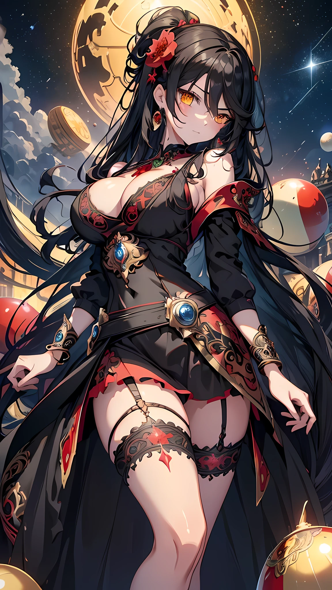 (masterpiece), best quality, expressive eyes, perfect face,((1girl)),(black hair),long hair,volumey,(red hair flower),yellow eyes,big breasts,cleavage,(red and black ornate ballgown:1.5),bangles,bracelet,earrings,curvy,garter belt,black stockings,thighboots,standing,head tilt,sad smile,(medaow:1.1),(night:1.1),(starry sky:1.1),cloud,colorful,starry,stars,looking awayr,from below,(face focus),upper body