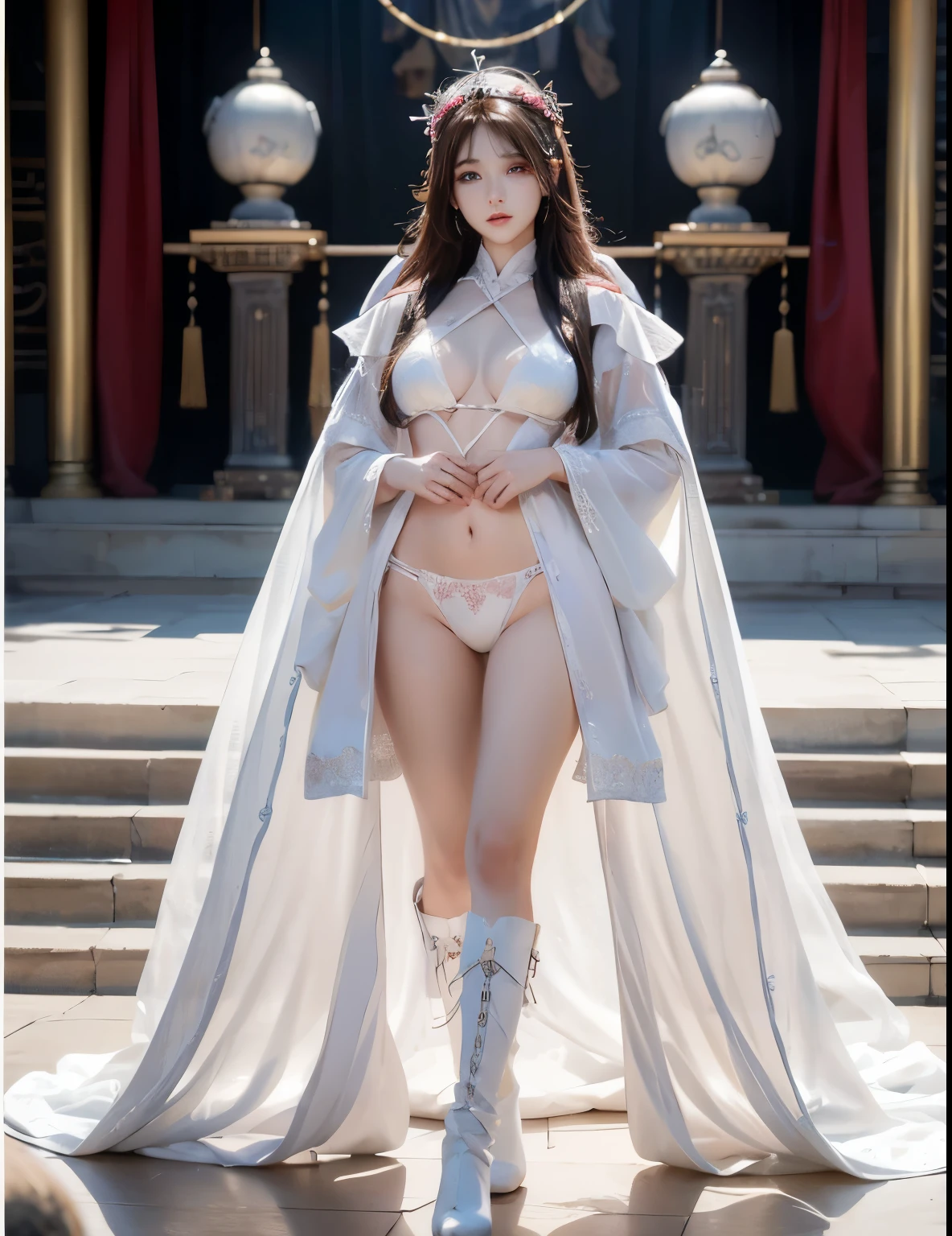 beautiful and delicate woman,Eyes and faces are very detailed, exquisite eyes, super detailed, High resolution, The content is very detailed,best quality,EnLightenment,unity,8k wallpaper,masterpiece,best quality,imagine，1 girl，China costume, Wear sexy white bikini armor，metal style, big breasts, high-cut underwear, high cut underwear, 盔甲有圖案metal style的, red priest cloak，priest hat，standing posture，long legs，Put on pink and white boots，look at the audience，facing the audience，flowing long hair，Surreal 8000g，Impeccable，masterpiece，professional artwork，famous artwork，Light，movie bloom，perfect face，pretty face，fantasy，Dreamy and magical，not real，intricate details，Exquisite pattern…Korean woman’s face