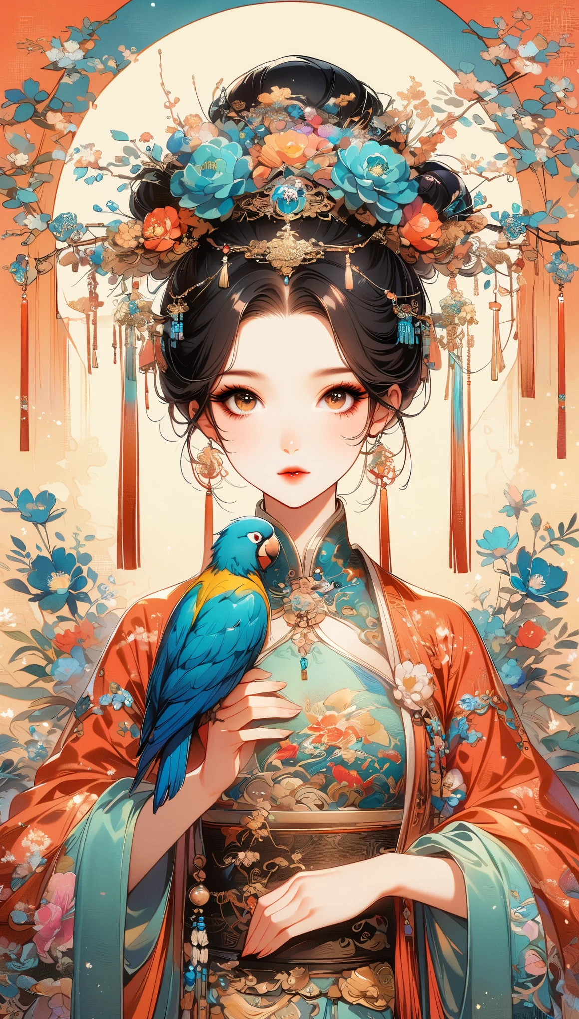 A beautiful young woman in traditional Chinese attire, surrounded by a lush garden. She is holding a parrot on her finger, gazing at it with gentle eyes. The woman's hair is styled in an elaborate updo adorned with flowers and traditional ornaments. Her dress is elegant, featuring fine silk with floral embroidery. The garden is in full bloom, with peonies and other flowers providing a backdrop. The scene captures the serenity and beauty of classical Chinese art, with a touch of nature harmony, (((Ultra-high saturation, high natural saturation, extremely bright colors)))