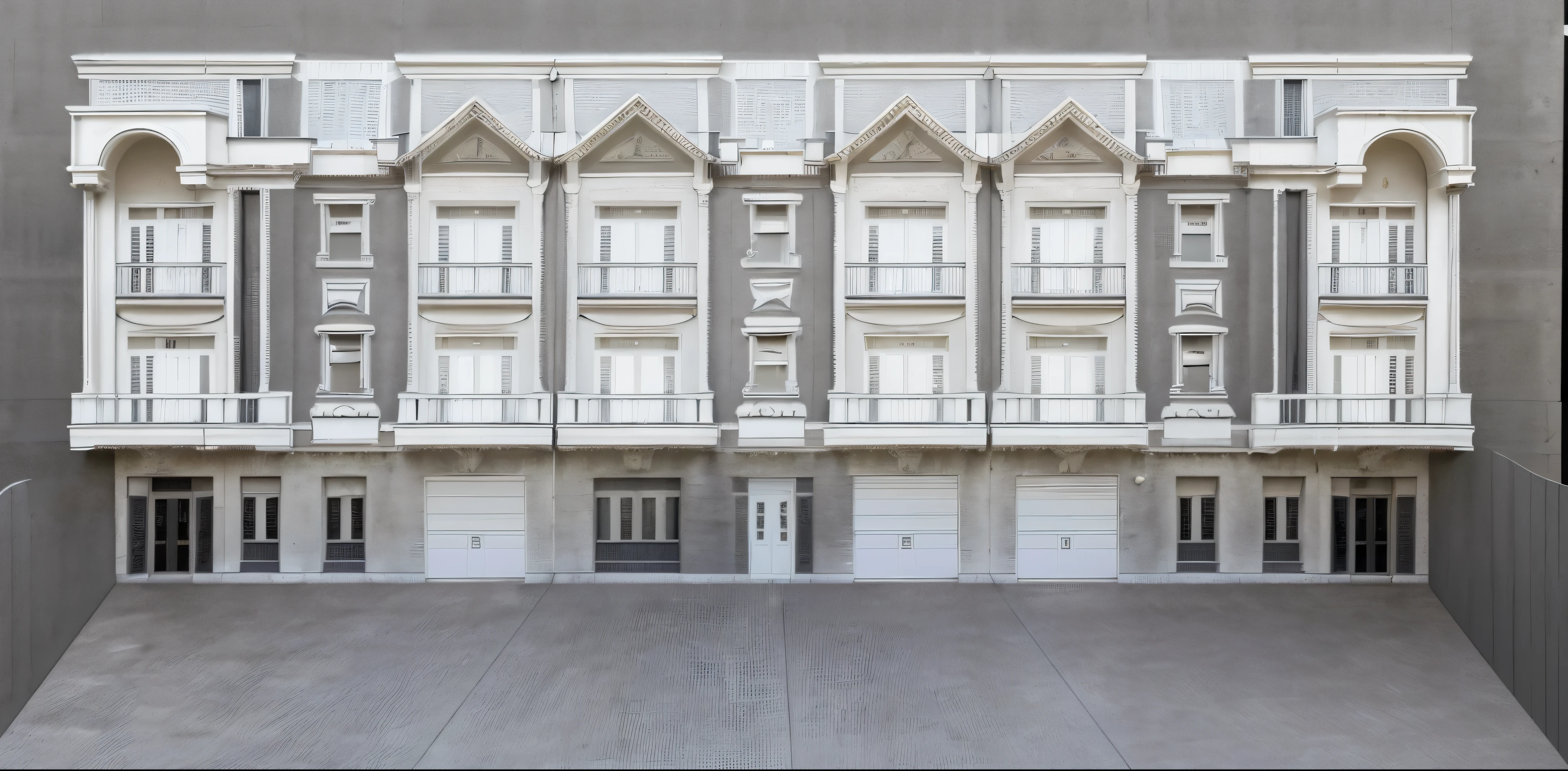 Create a facade for 3 neoclassical style houses, 2 maisons au coin du terrain et 1 maison au milieu peinte avec des murs blancs, une corniche blanche, des portes en aluminium et en verre, des fenêtres en aluminium et en verre, corrugated iron rolling doors opening onto the garage, des balustrades de balcon en fer enduit de poudre noire ou en acier inoxydable