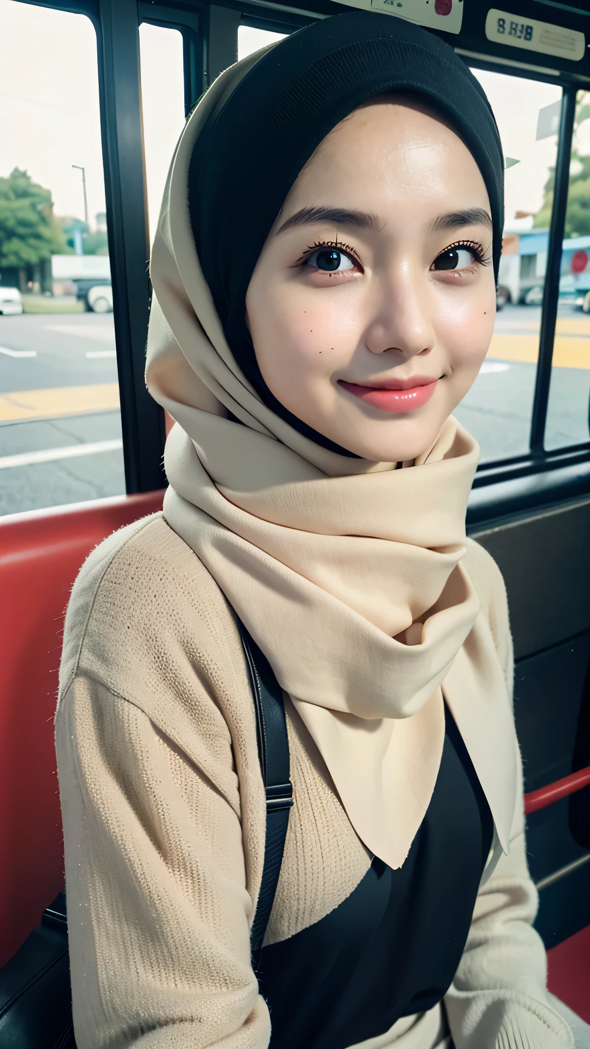 ((best quality)), ((masterpiece)), 1 girl, perfect face, indonesia, hijab, sharp nose, smile, half body, sits in a bus stop