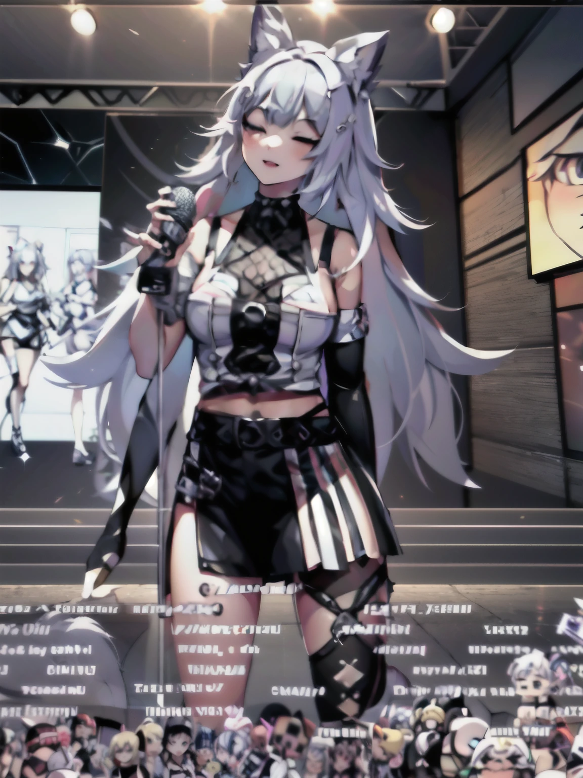 anime girl in a black outfit with a microphone and microphone, virtual model of youtuber live2d, Anime VTuber Full Body Model, Tifa Lockhart with white hair, girls on the front line universe, from girls on the front line, The perfect white-haired girl, from the video game Azur Lane, my dressy anime, Expensive, girls on the front line style, visual novel cg, small parts. girls on the front line, high facial detail, Face quality 