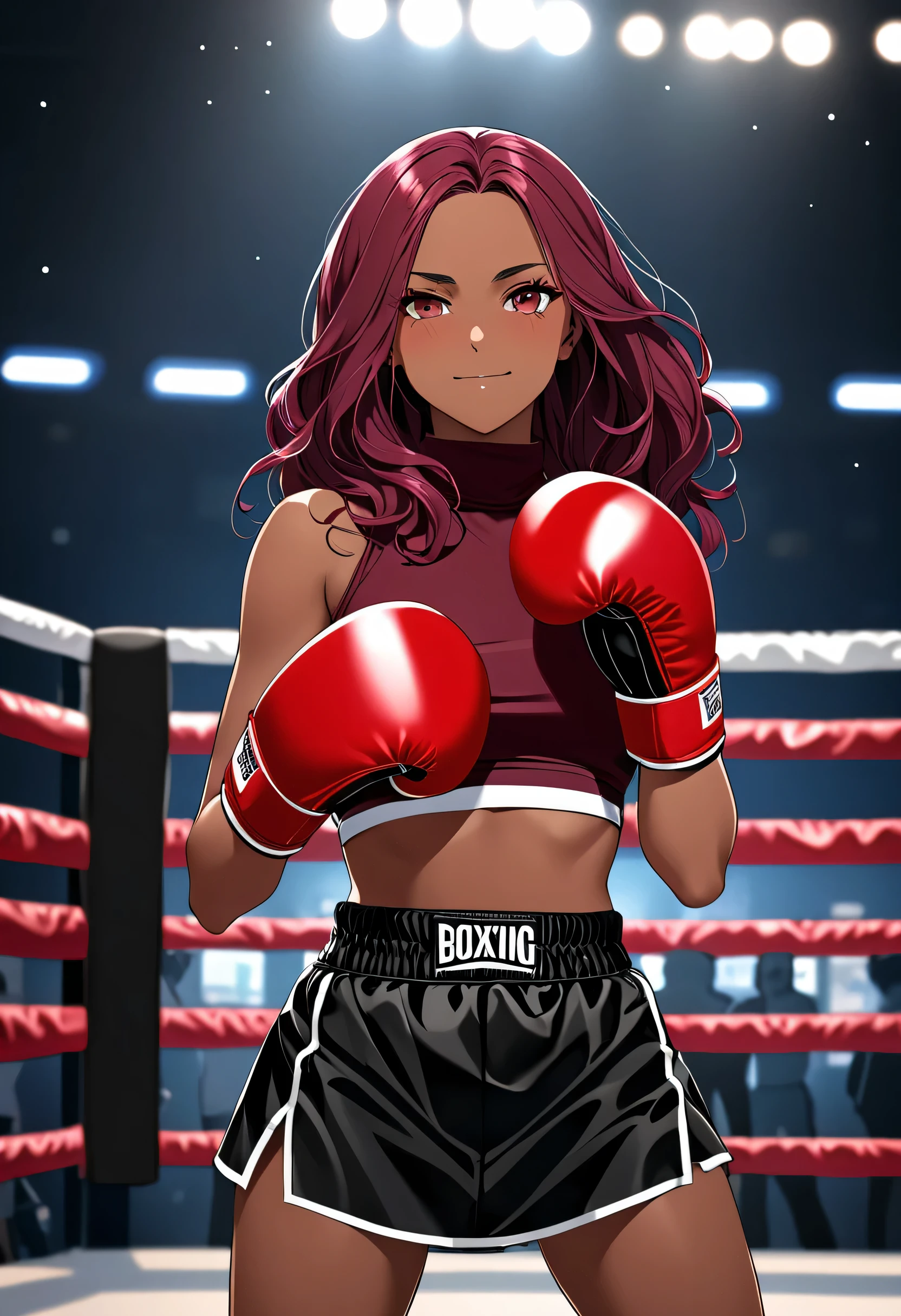 high quality, detailed image, woman, dark skin, Arrogant expression, arrogant look and smile, burgundy long wavy hair, in dark-red high neck crop top, in a black boxing skirt with burgundy seams, in black boxing gloves, in knee-high boxing boots, stands alone in the boxing ring holding her hands in boxing gloves at face level defending herself