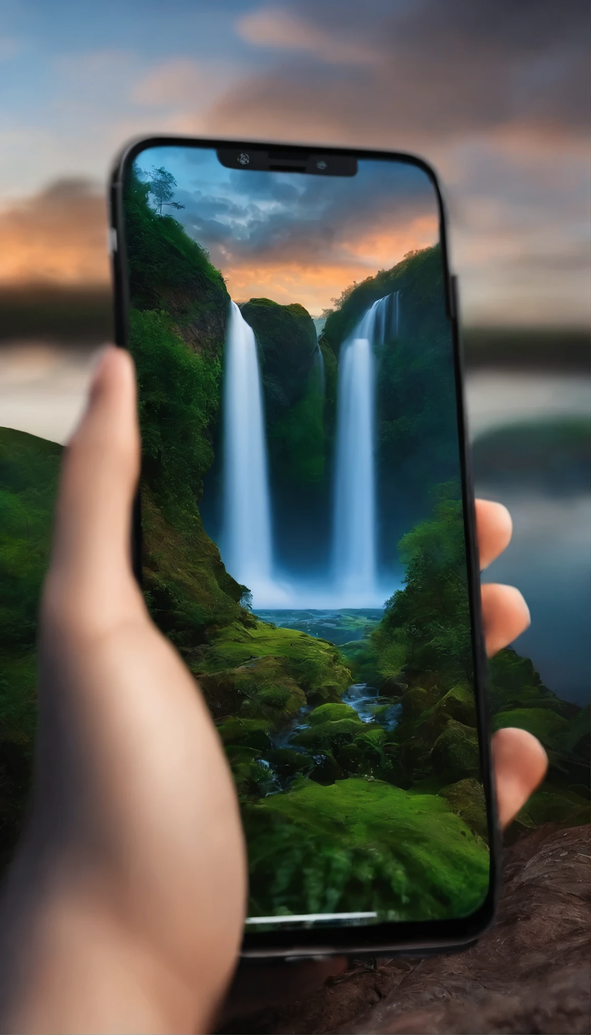 Holding a cell phone in your hand,Small waterfall passes through the mobile phone screen,3d effect