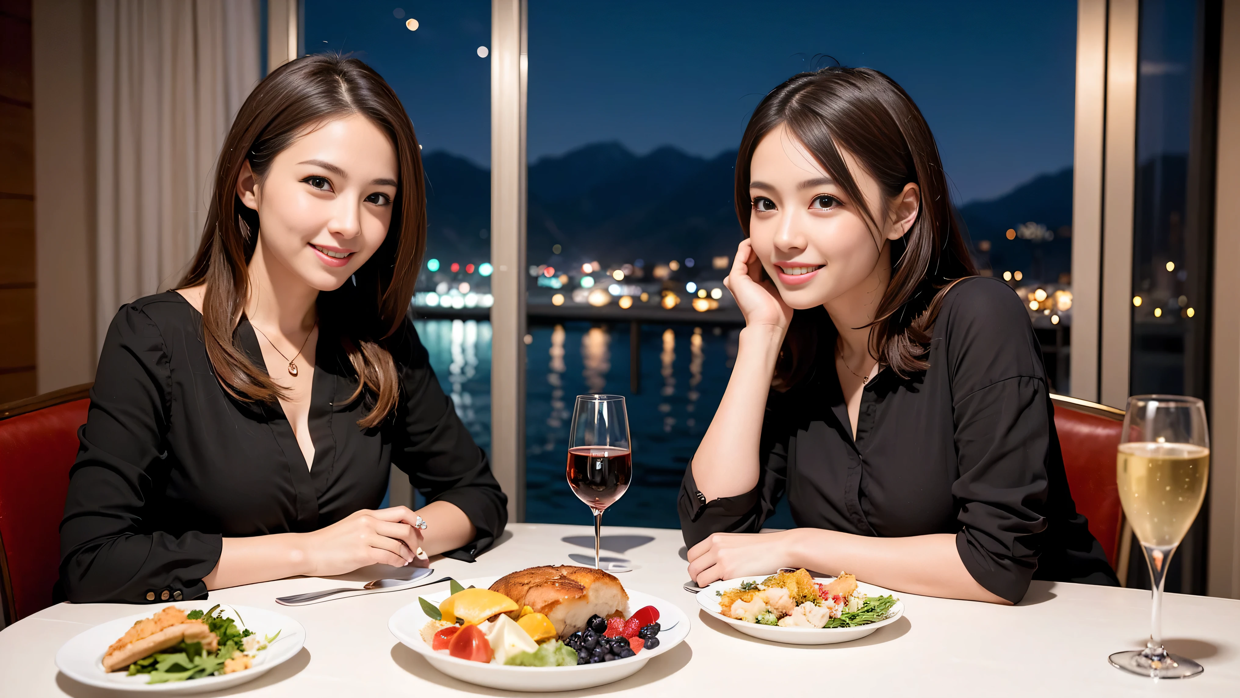 K, UHD, highest quality, masterpiece: 1.2), (realistic, photorealistic: 1.37), Spectacular view of the sunset sky and clouds、Amazing mountain views、A bright smile、3 slim beauties, (slim face),Happy、 the best smile、Fox face、Berry Short、(because I'thin), (brown hair), (shortcut), long sleeve shirt、winter fashion、Japanese、Dutch、German、Portuguese、Belgian、Italian、French,Champagne、SparKling wine、 (gush), (slim body), (brown hair), (shortcut), neat beauty、cheeKs blush a little, (41 years old), 38 years old, alone, A beautiful and detailed night view spreads out outside the window..., restaurant, wine glass is sitting, At night, in a prominent place (from the Upper body) nova frog style, actress, model, Upper body, White wine, slim, wine glass, very beautiful night view, wine glass Put in the Middle, Happy smile, (smile: 1.15),