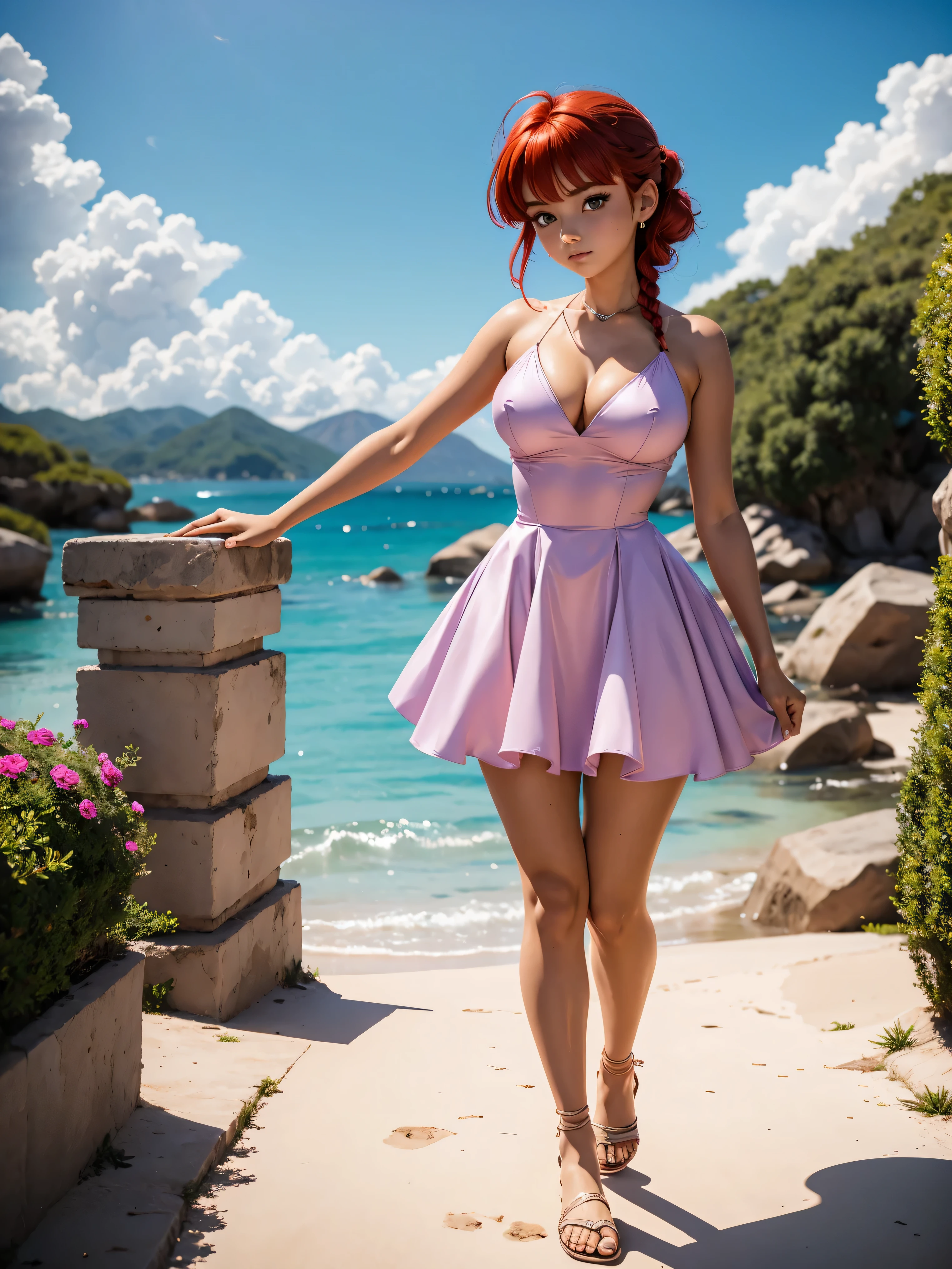 Garota anime ruiva com vestido longo pink e purple de casamento com corselet, saia, , corpo bonito, seios grandes, with hands behind head, running your hands through your hair, Garota sexy, red short hair with braid, mechas de cabelo laterais, mechas de cabelo na lateral do rosto, beautiful lighting, sombras suaves, olhos azuis, pernas bonitas, short hair with braid, estilo anime, Ranma Chan, Autora Rumiko Takahashi, Baseado em obra de Rumiko Takahashi, Anime Ranma 1/ 2, decote sexy, quadril robusto, corpo inteiro, corpo inteiro, busto grande, garota jovem com corpo belo e bonito, sandals on his feet, garota 16 anosbaixa estatura, usando vestido longo pink e purple, garota anime, estilo anime, beautiful feet in sandals, 45° viewing angle, ao ar livre, red hair braid