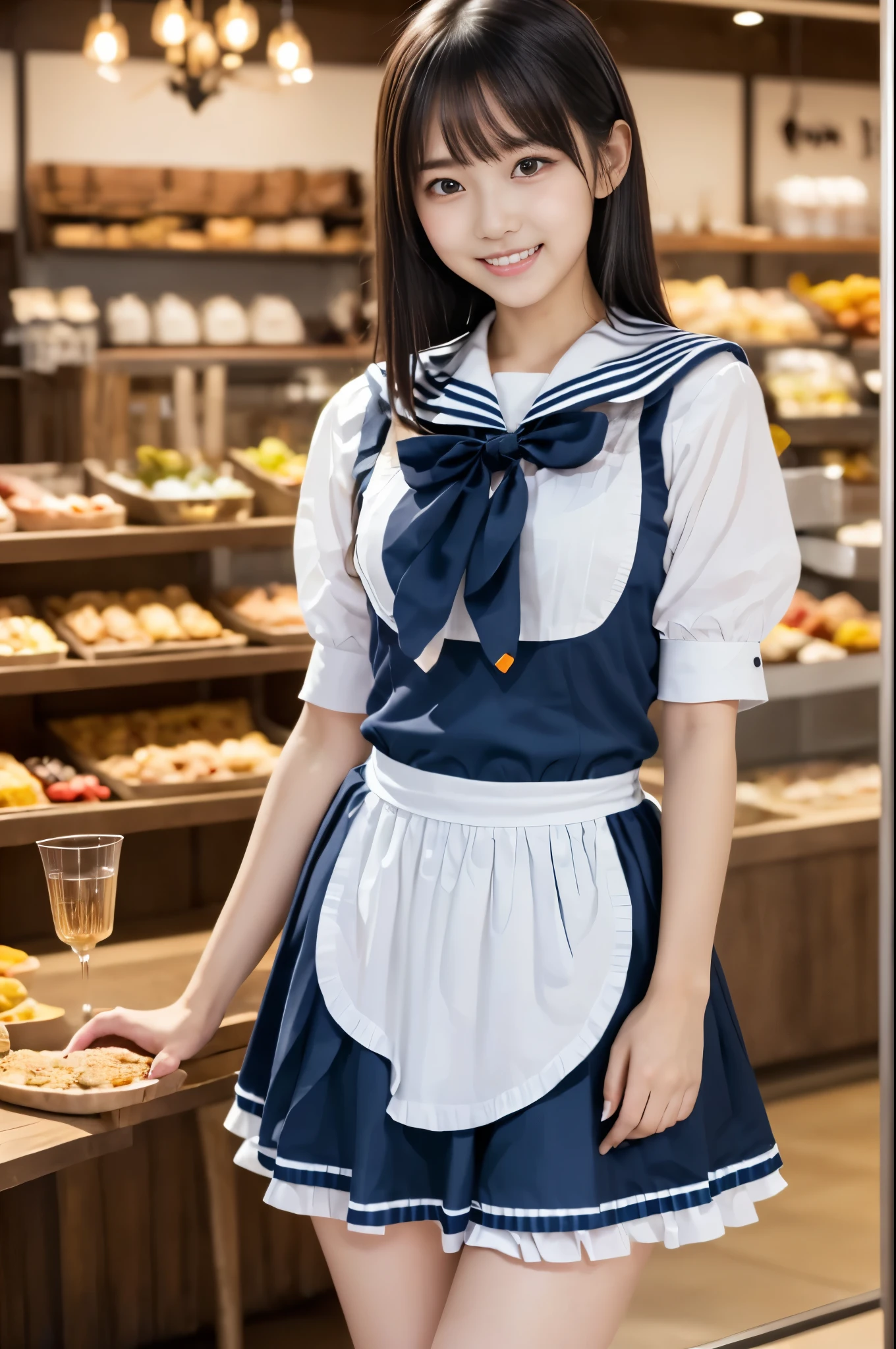 (masterpiece, highest quality:1.2), 1 girl, woman, 18 years old、 cute、(cuteメイド服を着ている), (gingham check maid outfit:1.5)) Idol style、smile、(おしゃれでcuteInside the cafe:1.4)、whole body、((Inside a stylish and cute store、Inside the cafe)),