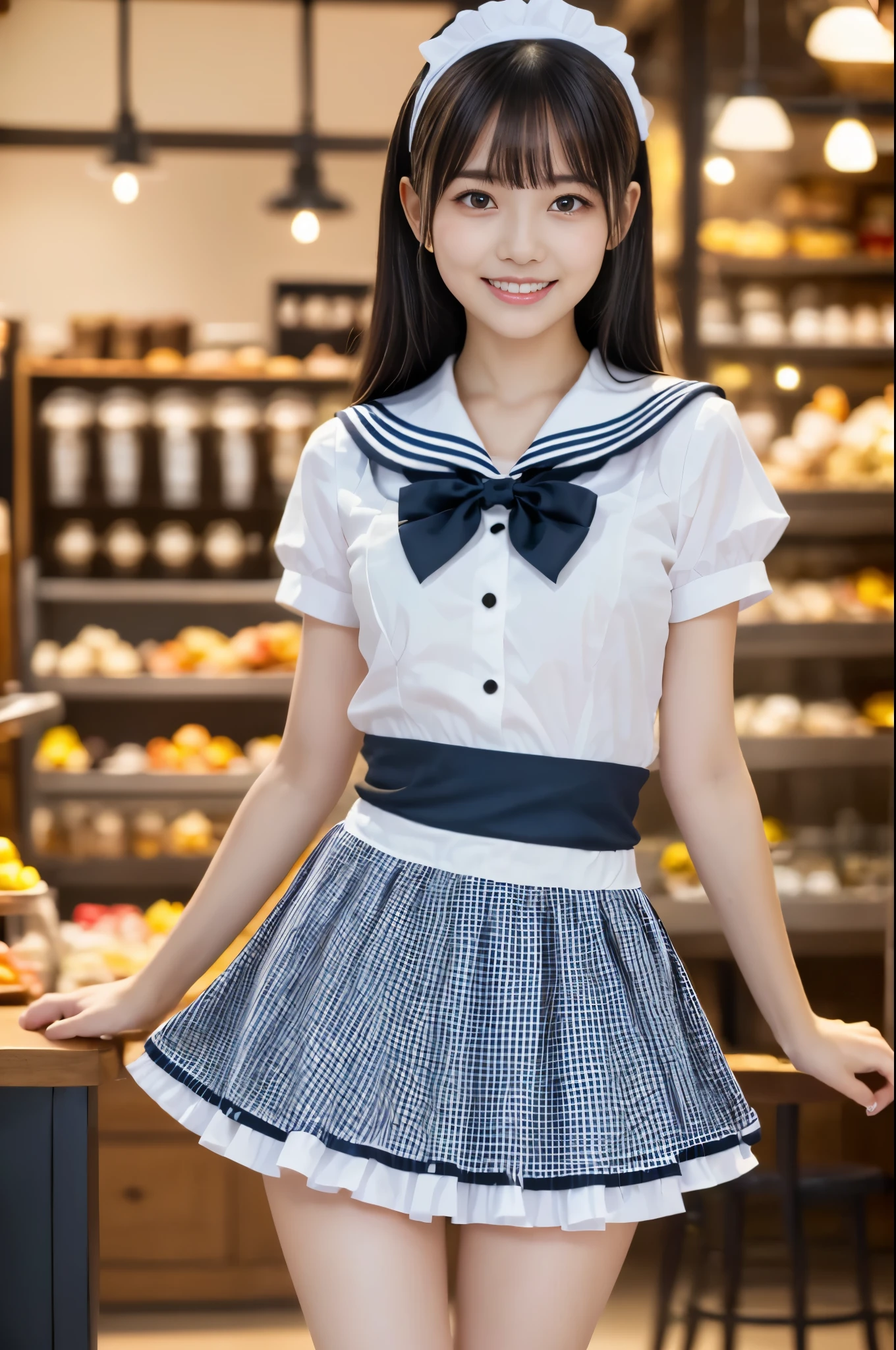 (masterpiece, highest quality:1.2), 1 girl, woman, 18 years old、 cute、(cuteメイド服を着ている), (gingham check maid outfit:1.5)) Idol style、smile、(おしゃれでcuteInside the cafe:1.4)、whole body、((Inside a stylish and cute store、Inside the cafe)),