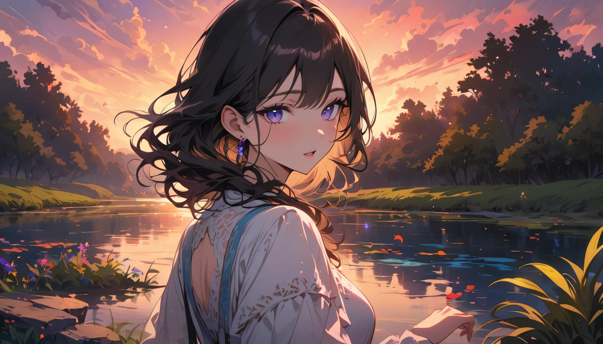 1 female, black hair, blue pupils, delicate face, Lovely, earrings, white dress, playful, ultra high definition, masterpiece, best quality, Super details, precise,(pond in evening) ,Colorful sunset