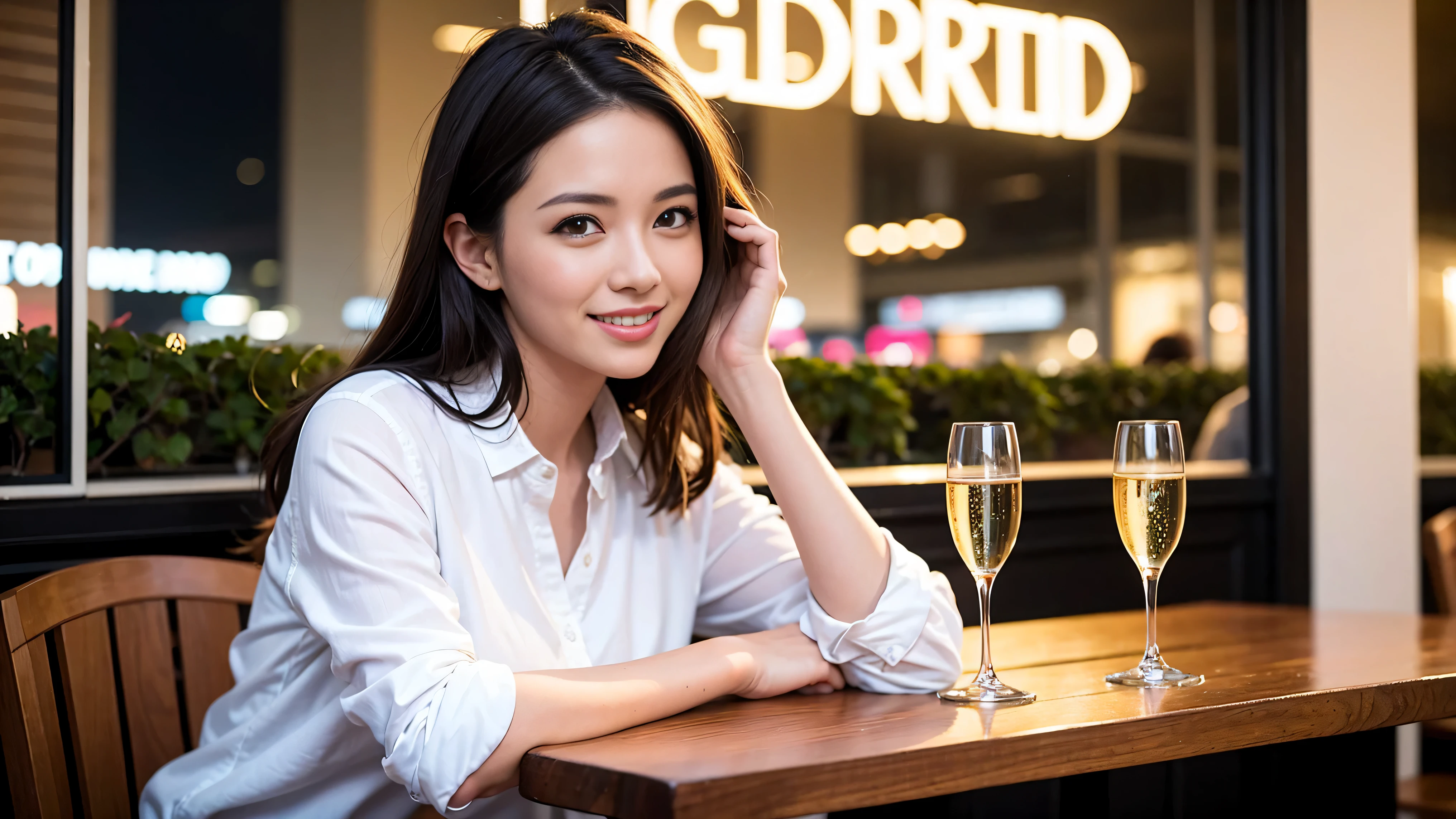 K, UHD, highest quality, masterpiece: 1.2), (realistic, photorealistic: 1.37), Super detailed, 3 slim beauties, (slim face),Happy、 the best smile、Fox face、Berry Short、(because I'thin), (brown hair), (shortcut), long sleeve shirt、winter fashion、Colombian、Brazilian、Japanese、Dutch、German、Portuguese、Belgian、Italian、French,Champagne、sparkling wine、 (gush out), (slim body), (brown hair), (shortcut), neat beauty、cheeks turn a little red, (35 years old), 38 years old, alone, A beautiful and detailed night view spreads out outside the window...., restaurant, wine glass is sitting, At night, in a prominent place (from the Upper body) nova frog style, actress, model, Upper body, White wine, slim, wine glass, Very beautiful night view, wine glass Put in the Middle, Happy smile, (smile: 1.15),