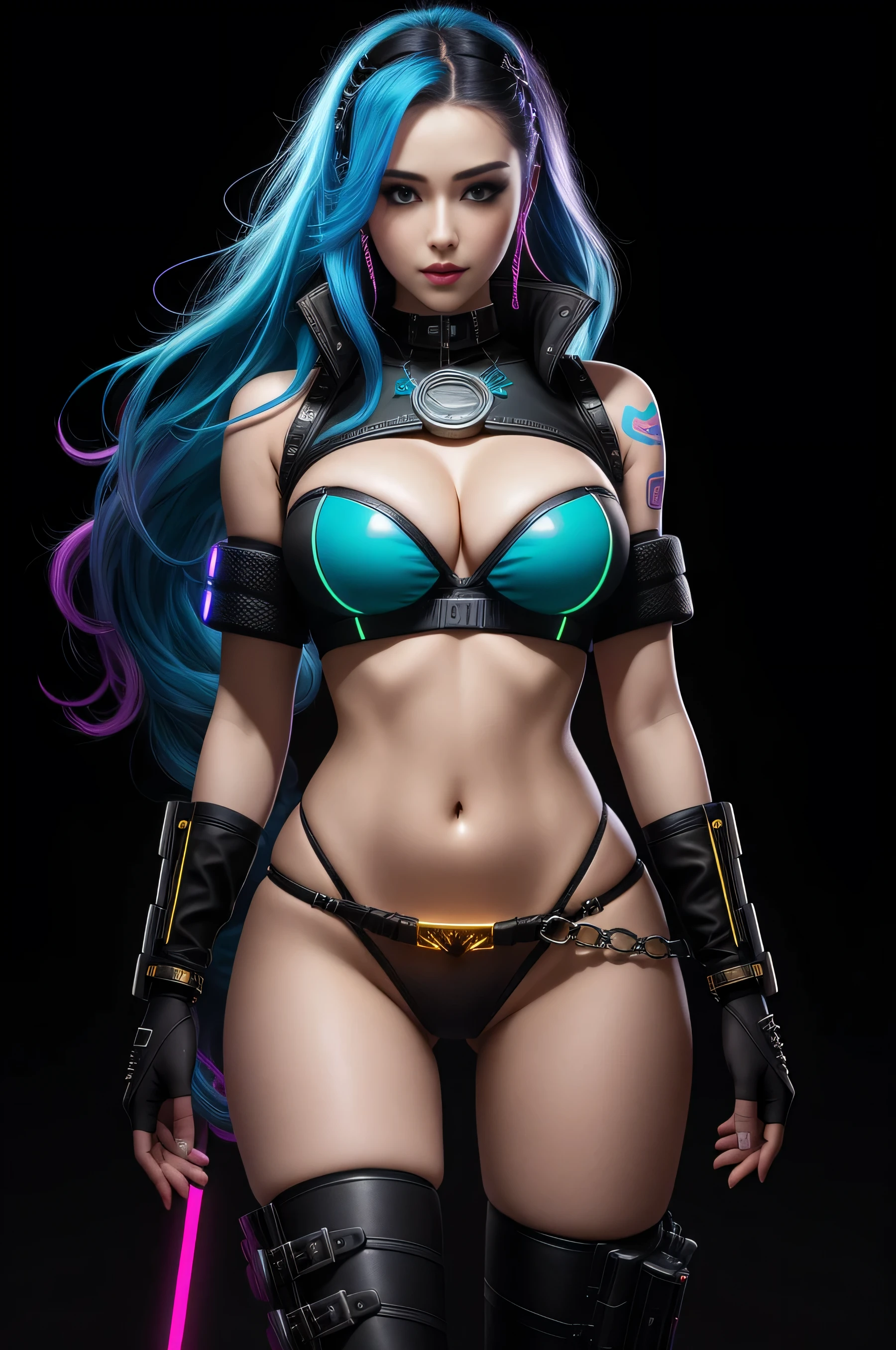 there is Jinx League of Legends standing, long blue platted hair, nice ass, thigh high boots, 3 d neon art of a woman's body, neon-noir background, cyberpunk femme fatale, seductive cyberpunk dark fantasy, cyberpunk strip clubs, cyberpunk 20 y. o model girl, oppai cyberpunk, banner, high definition cgsociety, cgsociety masterpiece, trending on cgstation, kda, random hair, looking at camera, gigantic breasts, cleavage, (high detailed skin:1.2), 8k uhd, dslr, super lighting, high quality, film grain, high res, highly detailed, hyper realistic, beautiful face, beautiful body, beautiful eyes nose lips, alluring expression, very bold, upper  visible, full body photo, standing legs apart, pale translucent glowing skin, most beautiful face, cute, (well defined pubic hair:1.2)), (dark plain black background:1.4))