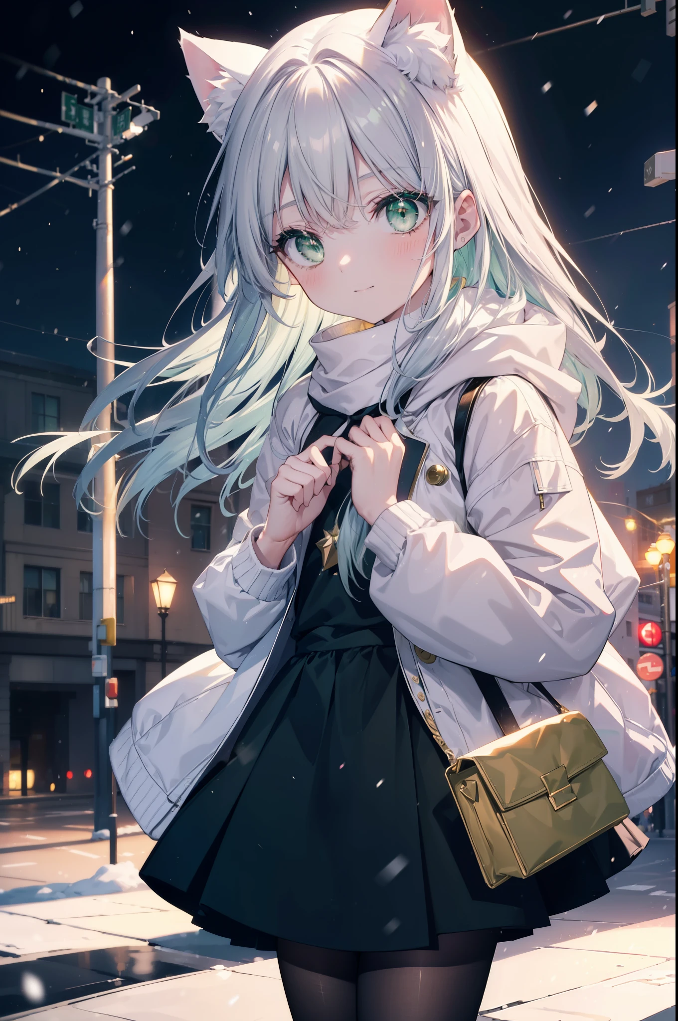 index, index, (green eyes:1.5), silver hair, long hair, (flat chest:1.2),animal ears　Cat ear,Animal tail　cat tail,blush,smile,open your mouth,illumination,A large Christmas tree is placed in the middle of the road.,gray handbag,yellow long coat, white hoodie, black long skirt,black pantyhose,Mini Boots,white christmas,winter,night,cold sky,It&#39;s snowing,snow is falling,
break looking at viewer, Upper body, whole body,
break outdoors, In town,building street,
break (masterpiece:1.2), highest quality, High resolution, unity 8k wallpaper, (figure:0.8), (beautiful deしっぽed eyes:1.6), extremely deしっぽed face, perfect lighting, extremely deしっぽed CG, (perfect hands, perfect anatomy),