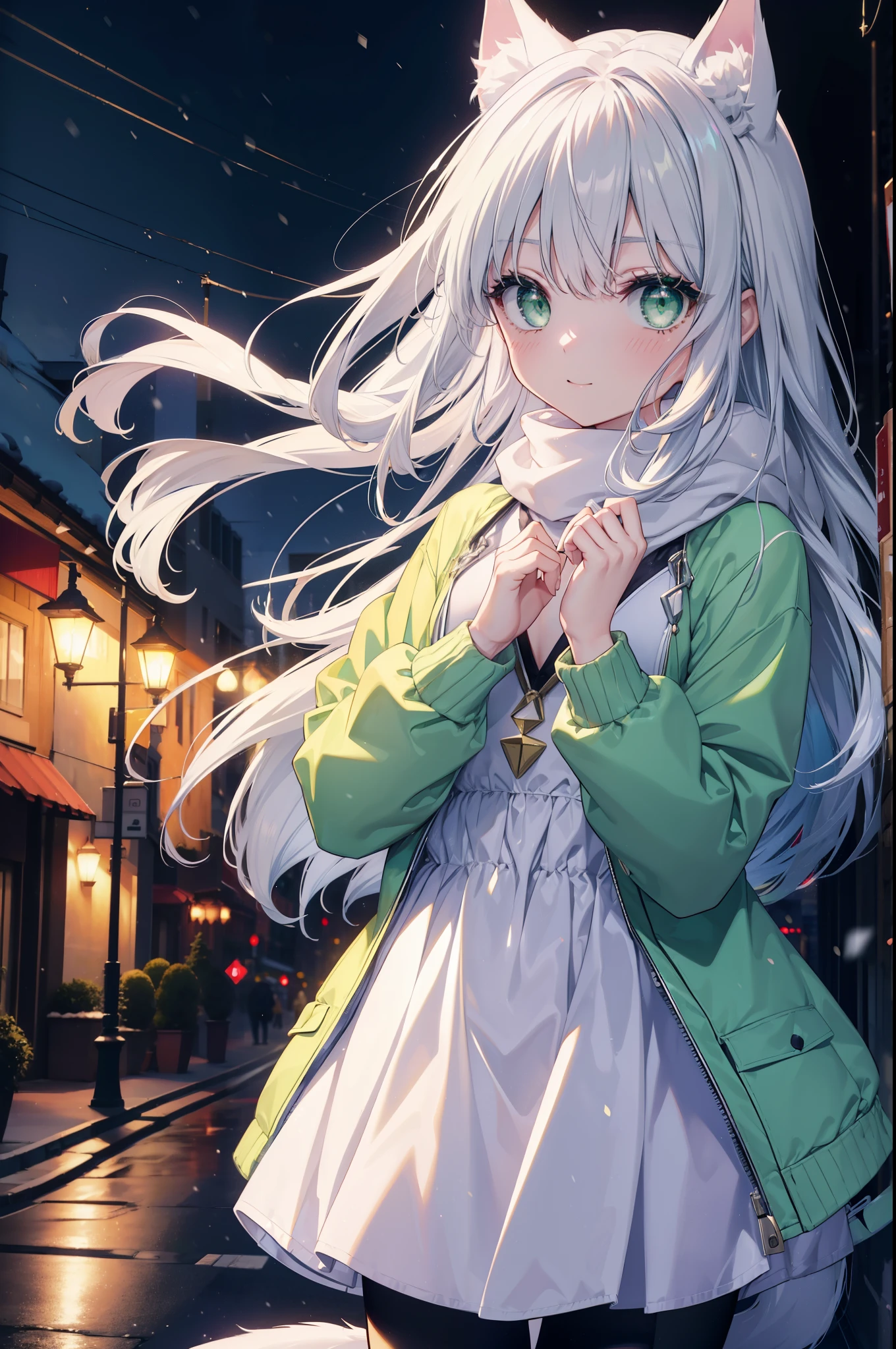 index, index, (green eyes:1.5), silver hair, long hair, (flat chest:1.2),animal ears　Cat ear,Animal tail　cat tail,blush,smile,open your mouth,illumination,A large Christmas tree is placed in the middle of the road.,gray handbag,yellow long coat, white hoodie, black long skirt,black pantyhose,Mini Boots,white christmas,winter,night,cold sky,It&#39;s snowing,snow is falling,
break looking at viewer, Upper body, whole body,
break outdoors, In town,building street,
break (masterpiece:1.2), highest quality, High resolution, unity 8k wallpaper, (figure:0.8), (beautiful deしっぽed eyes:1.6), extremely deしっぽed face, perfect lighting, extremely deしっぽed CG, (perfect hands, perfect anatomy),