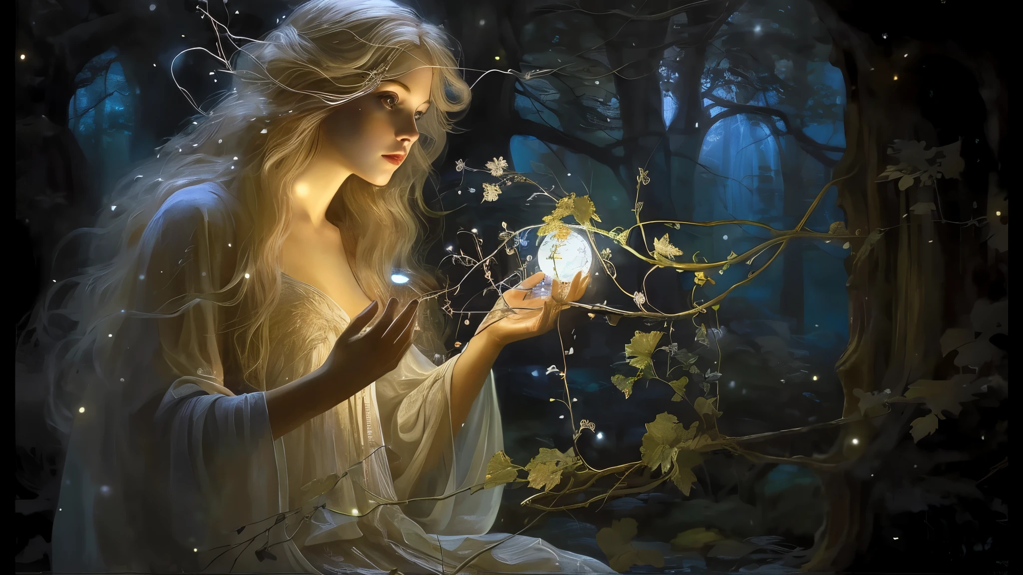 There is a woman with a glowing ball in the forest., fantasy gorgeous lighting, beautiful fantasy art, beautiful fantastic paintings, very beautiful fantasy art, fantasy art, amazing young graceful person, realistic fantasy paintings, fantastic fantasy, shine with magic, mysterious beauty, beautiful fantasy art portrait, fantasy digital art, enchanted with nature spirit, fantasy beautiful, breathtaking fantasy art