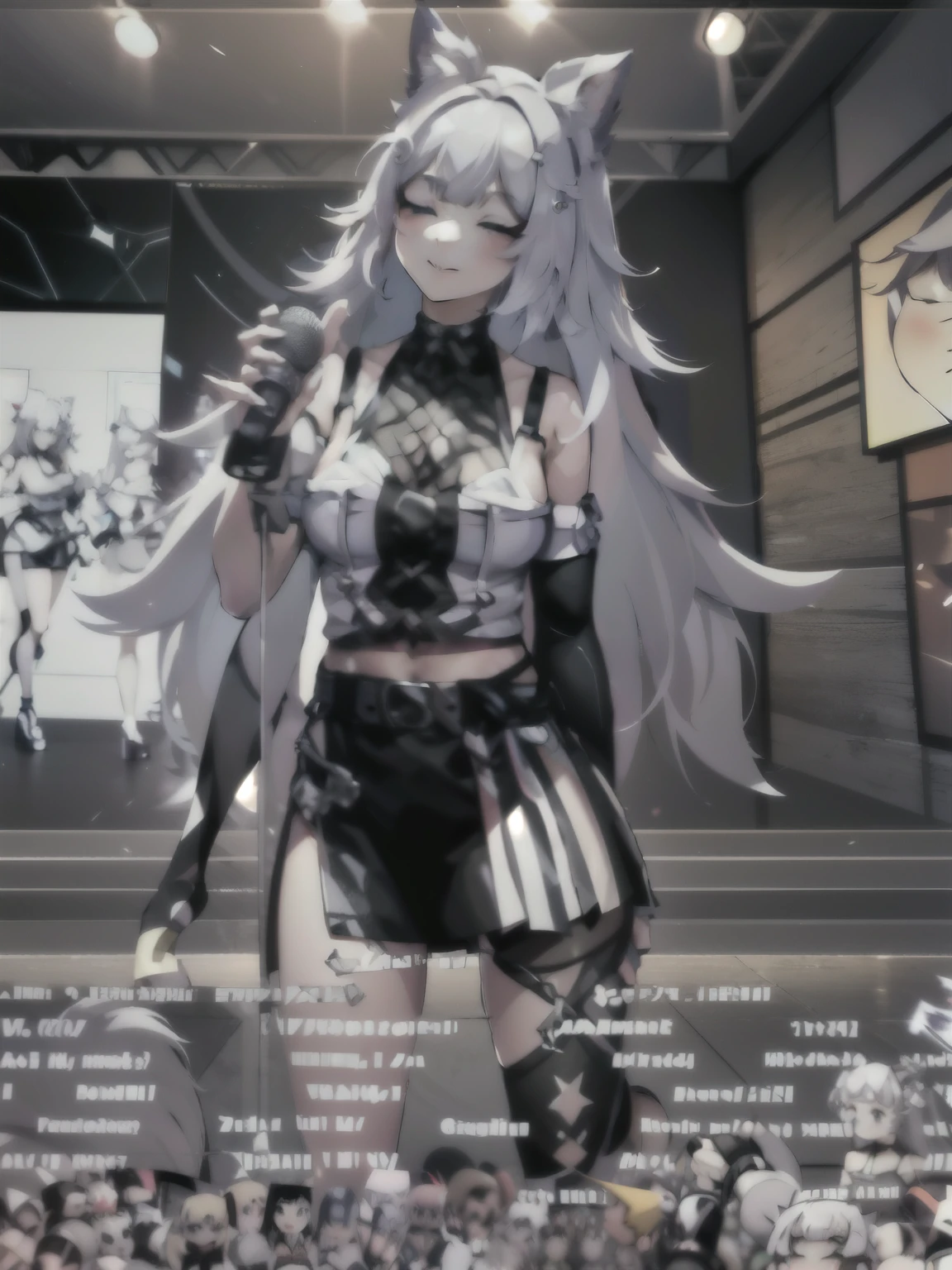 anime girl in a black outfit with a microphone and microphone, virtual model of youtuber live2d, Anime VTuber Full Body Model, Tifa Lockhart with white hair, girls on the front line universe, from girls on the front line, The perfect white-haired girl, from the video game Azur Lane, my dressy anime, Expensive, girls on the front line style, visual novel cg, small parts. girls on the front line, high facial detail, Face quality, drawing fingers, detailed fingers