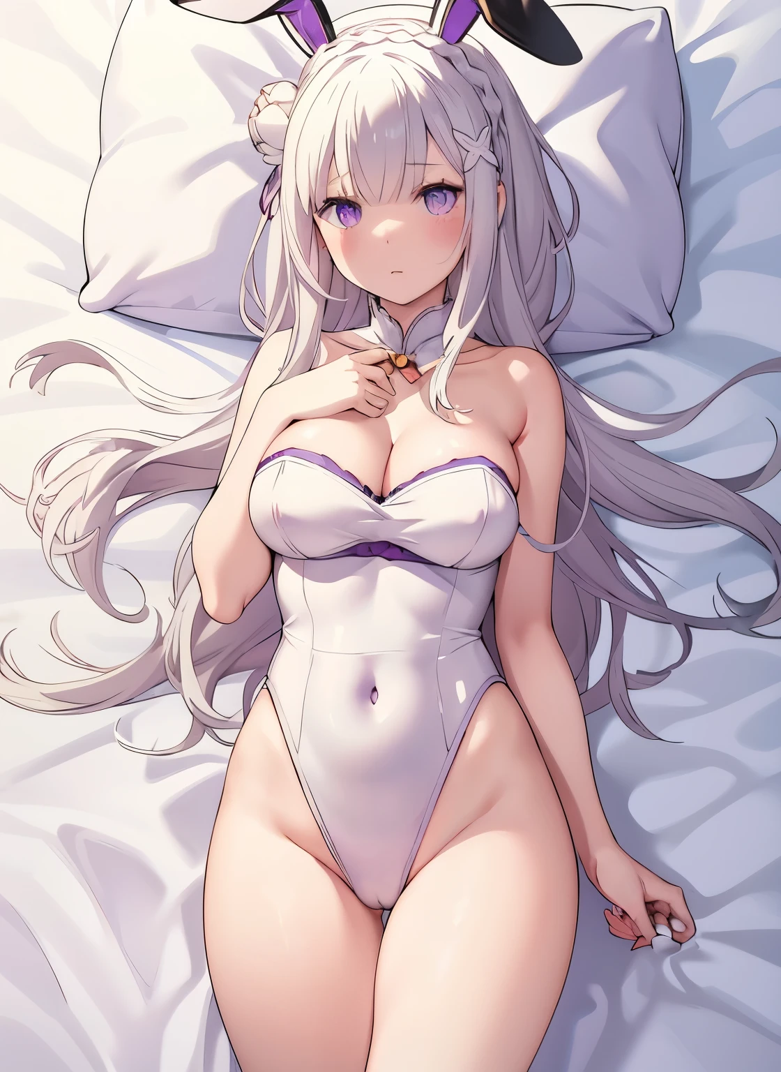 scyllaschool, 1girl, Emilia re:zero, purple eyes, Emilia, crown braid, x hair ornament, flower hair ornament, white hair, long hair, medium breasts, breasts, solo, looking at viewer,  playboy bunny, strapless leotard, collarbone, lying, on back, dakimakura \(medium\), thighs,